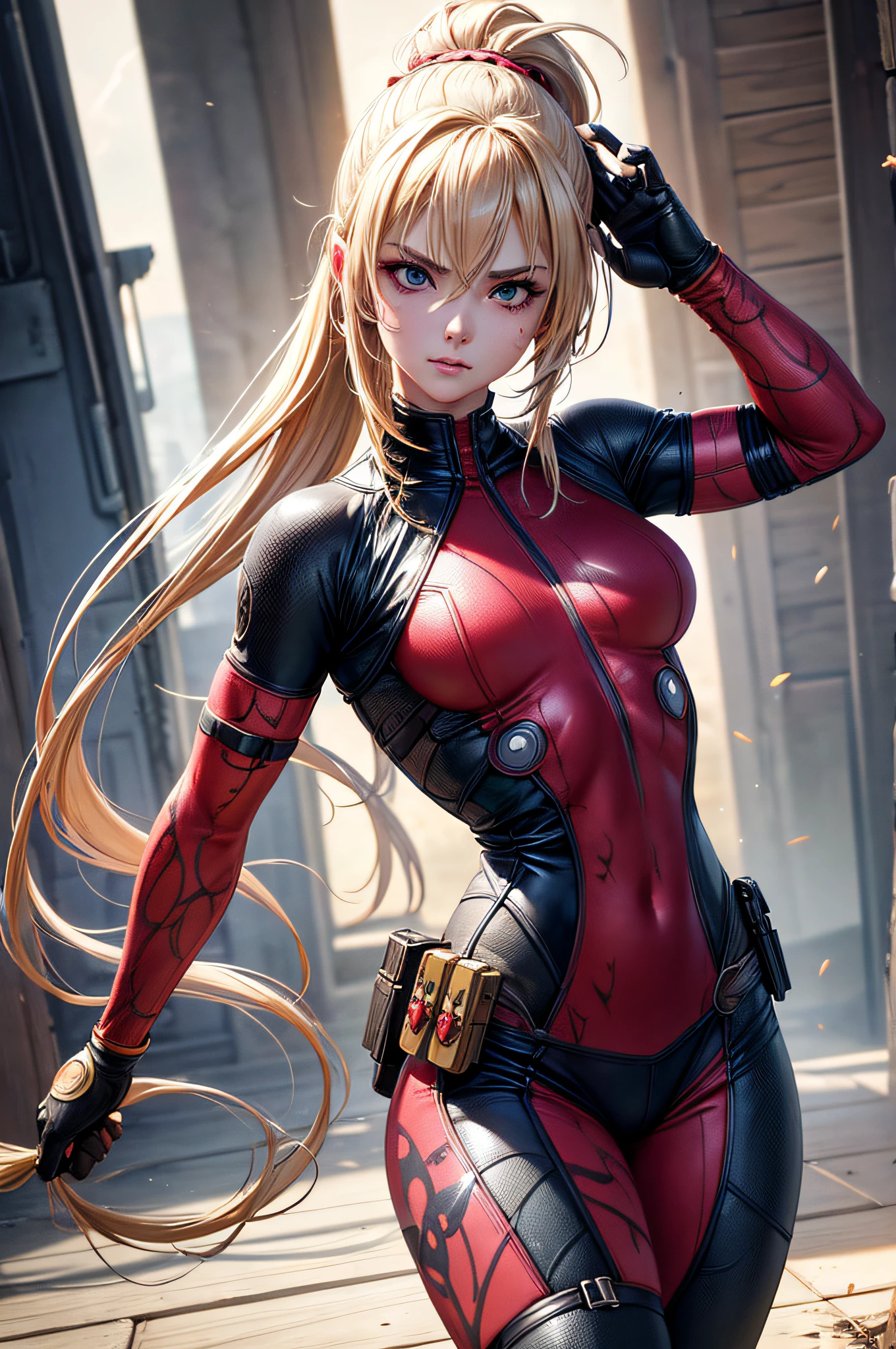girl, comic accurate Deadpool costume, long blond hair in ponytail, combat stance, highly detailed, vibrant appearance, creative behavior, imaginative, sensual, spontaneous, small breasts, sexi, highest quality, skin texture, intricate details, (cinematic lighting), RAW photo, 8k, masterpiece,best quality,ultra-detailed,very detailed illustrations,extremely detailed,intricate details,highres,super complex details,extremely detailed 8k cg wallpaper,