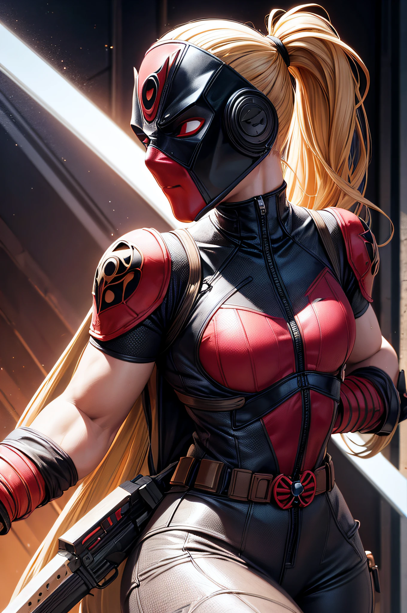 girl, comic accurate Deadpool costume with mask, long blond hair in ponytail, combat stance, highly detailed, vibrant appearance, creative behavior, imaginative, sensual, spontaneous, small breasts, sexi, highest quality, skin texture, intricate details, (cinematic lighting), RAW photo, 8k, masterpiece,best quality,ultra-detailed,very detailed illustrations,extremely detailed,intricate details,highres,super complex details,extremely detailed 8k cg wallpaper,