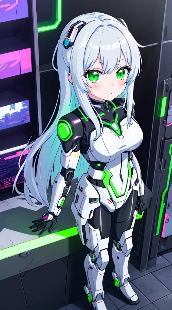 (From directly above、Overhead view)cybersuit, Cyberpunk anime girl mecha, cyborg - girl with silver hair, Cyborg girl, 动漫赛博朋克艺术, Perfect Anime Cyborg Woman,  digital cyberpunk anime works、The background is green neon light.、The angle is directly above