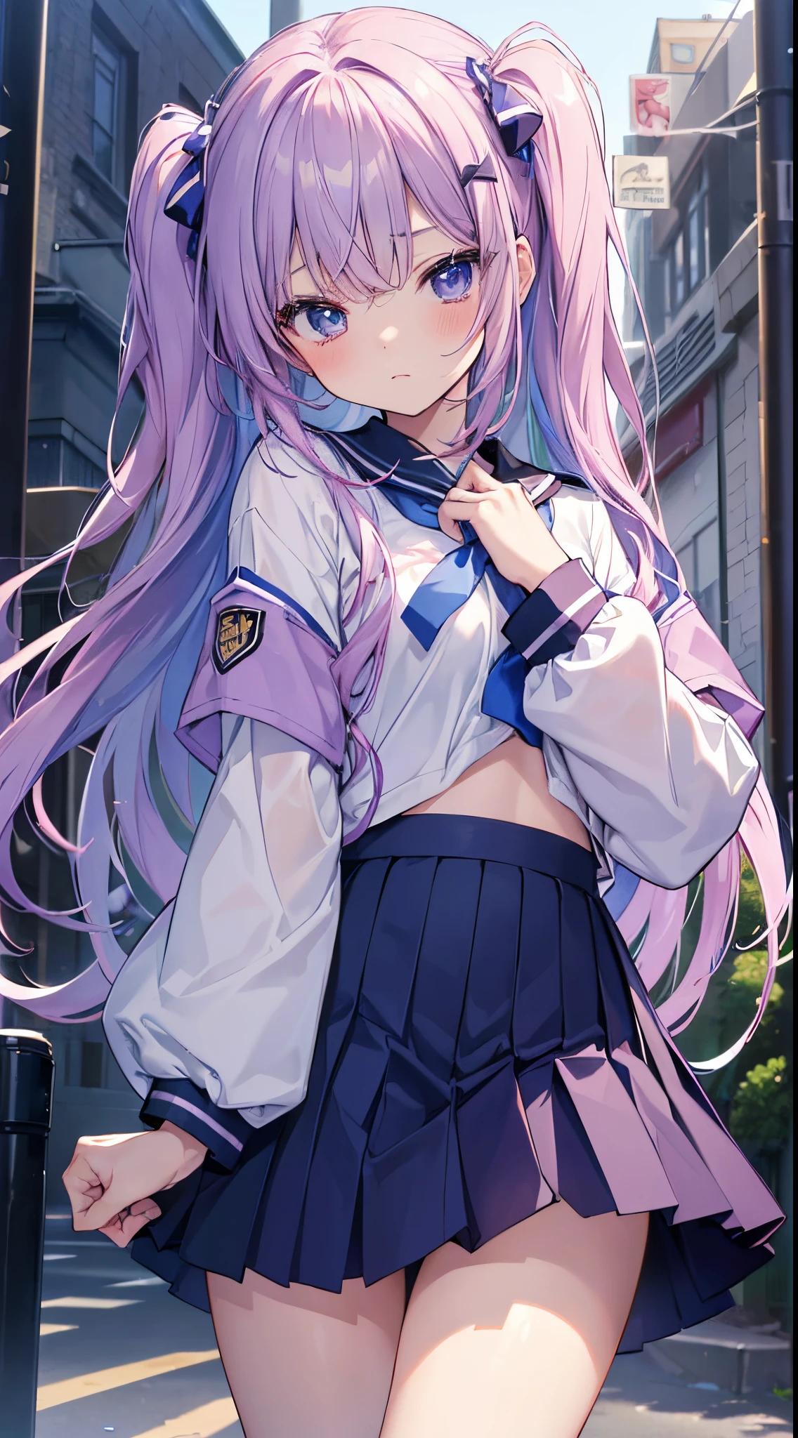 (((Top image quality、8K、low angles、femele)))、((female high-school student、Naughty anime style、kawaii、a beauty girl))、((Wearing a uniform、Flipping up a skirt、Pants are visible)、lascivious、Underpants、pantiy、Flipping up the skirt with your own hands、Facing the front and looking down、Grabbing a skirt with your own hands、Random Uniform
