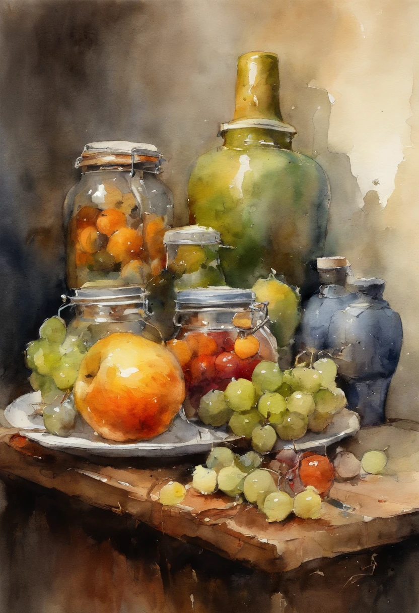 Illustration art by Nicolai Ivanovich Fechin, Still life, fruit and jars, old table tops, perfect composition, science-fiction, arte, chiaroscuro, art-station, octane rendering, 8k, UHD, O estilo de Losh,
