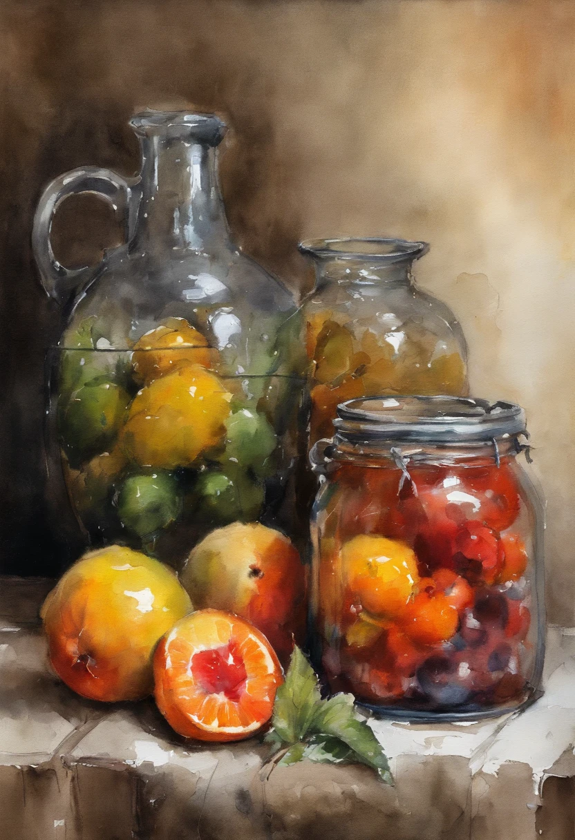 Illustration art by Nicolai Ivanovich Fechin, Still life, fruit and jars, old table tops, perfect composition, science-fiction, arte, chiaroscuro, art-station, octane rendering, 8k, UHD, O estilo de Losh,
