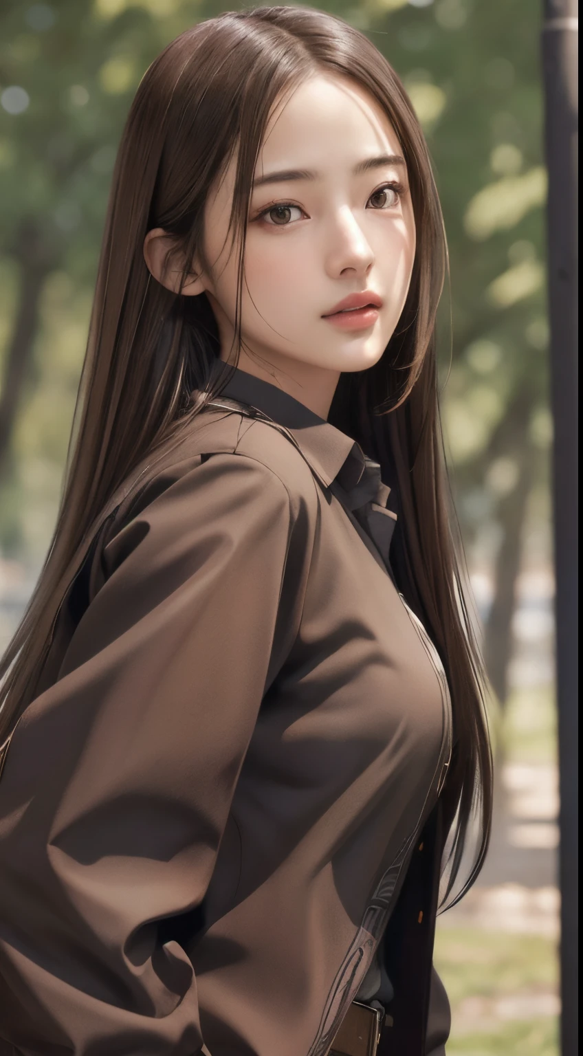 Photorealistic, masutepiece, Best Quality, Raw photo, 1girl in, Solo, Long hair, Brown hair, Detailed face, alluring face, Collared shirt, medium breasts, Dynamic Pose, Looking at Viewer, From below, Detailed background, fine detailed, intricate detailes,  Ray tracing, depth of fields, lowkey, nffsw