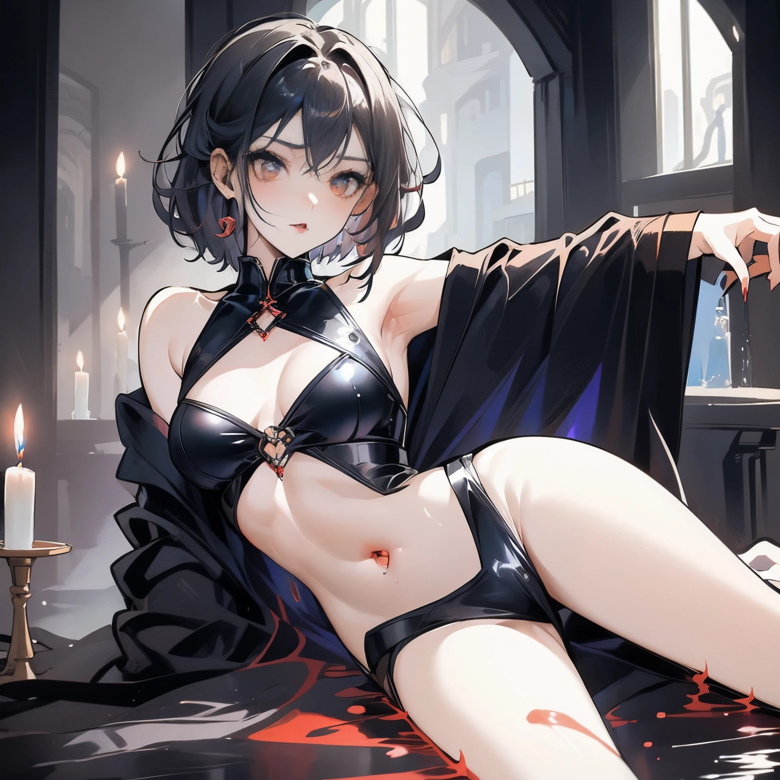 Estilo anime, adult female vampire of random ethnicity with sculptural body, muito longo, cabelos lisos, random color, lying down bathing in a bathtub full of liquid, vermelho escuro como sangue, she is smiling with her mouth open showing sharp vampire teeth, In her hand she has a glass full of a very dark red liquid..., on the floor we see an arm with bite marks appearing in the corner, o banheiro tem azulejos antigos, incense smoke, velas em candelabros coloniais, the floor is wet with some of the red liquid, the lighting comes from candles add to the scene an open window with the full moon appearing