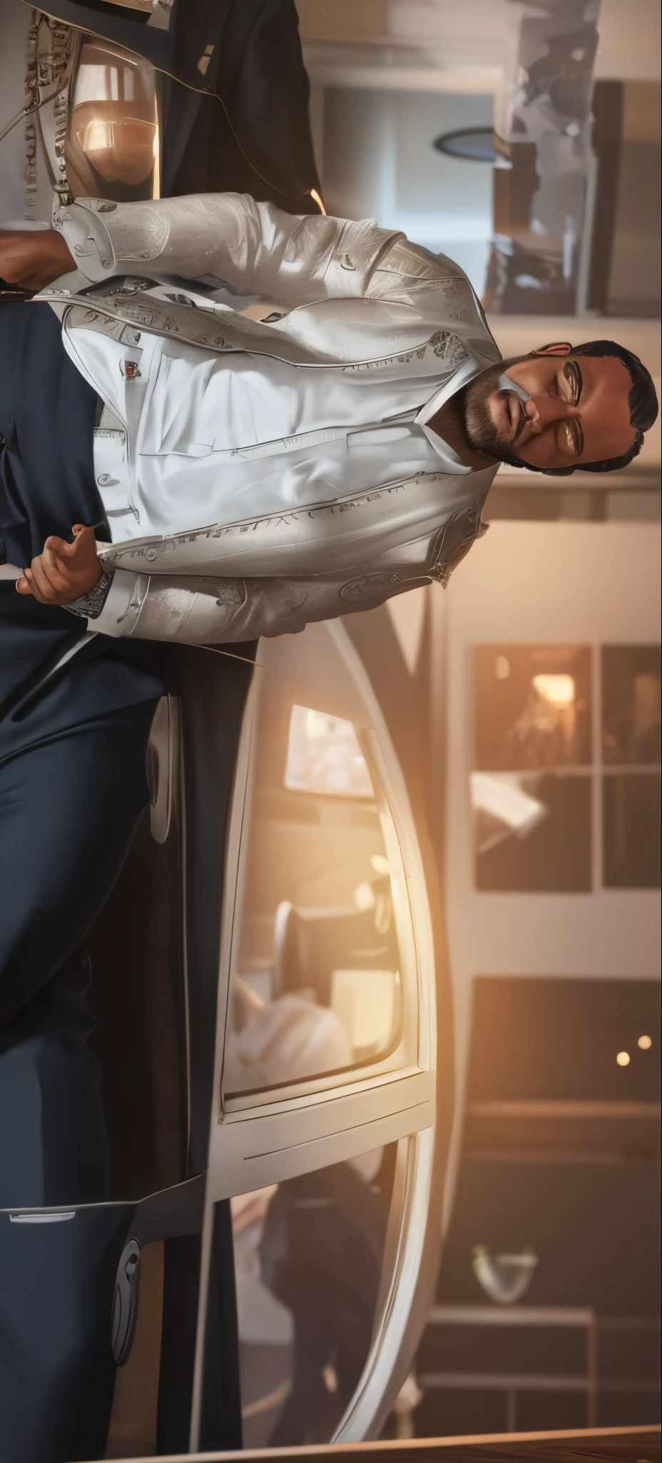 Sexy American white man with short-haired black suit beard wearing sexy fantasy mask. Office fund. Hyperealist , 4k, best image.