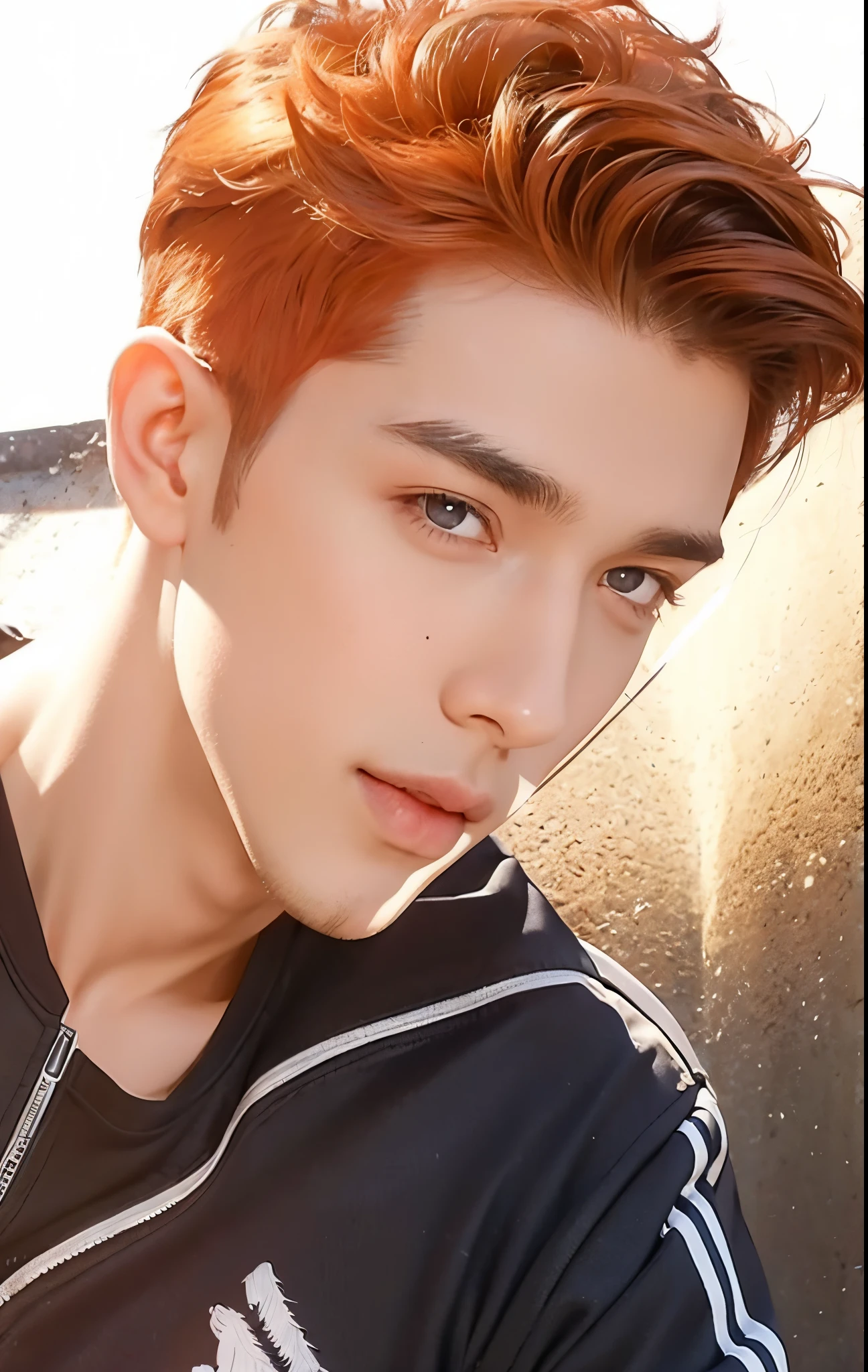 man with realistic short thick red hair, exactly the same hairstyle, realistic beautiful face, realistic expression serious face, adapt the same clothes, realistic black t-shirt and blue jacket, Realistic light, realistic shadows, Realistic ultra high resolution background.photo-realistic:1.4,UHD.  Realistic，High resolution without, Masterpiece, Best Quality, Ultra-detailed, better shadow, voluminous lighting), Super High Quality, High Resolution, 8K, Hyper-realistic portrait , photorealestic, dinamic lighting, voluminous lighting, Very Detailed Faces,  brown eye, Realistic eyes, Brown eyes, Smooth face, realistic face, ogle, brown eye color,  narrow lips,,,,  A big smile, Realistic mouth, realistic narrow lips, Realistic man, glue guy, ember,  Brown eyes, Brown eyes, ember, menino. Men's eyes, narrow male eyes, male mouth, ember, Masculine facial features,  brick wall in the background, Masculine facial features, ember, Male gender