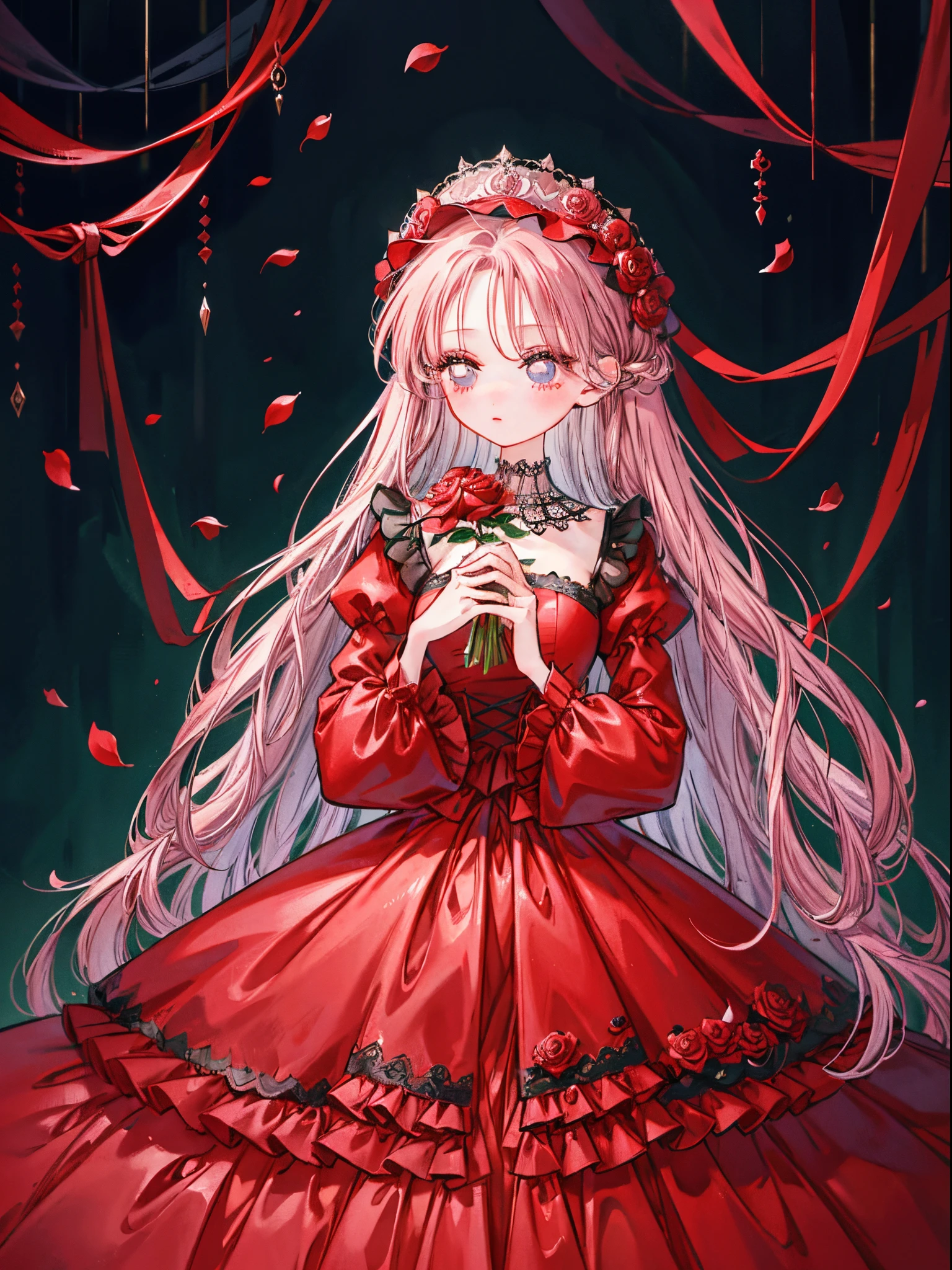 Two 3 year old girls、Rose Maiden、Two people love each other、doll、fullllbody、Lots of rose petals on the background、Impressive eyes、Lashes、lower eyelashes、Delicate lace、Delicate frills、Beautiful Gothic Dresses、Red roses in the background、Arrangement with Sense、Extremely high quality、high-level image quality、Extremely delicate drawing
