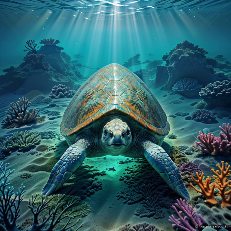 a detailed illustration of a turtle,[oceanic,underwater],colorful marine life,seaweed,coral, sandy seabed, sparkling water,shining sunlight,rays of light, vibrant colors, high resolution,ultra-detailed,photorealistic,studio lighting,vivid colors