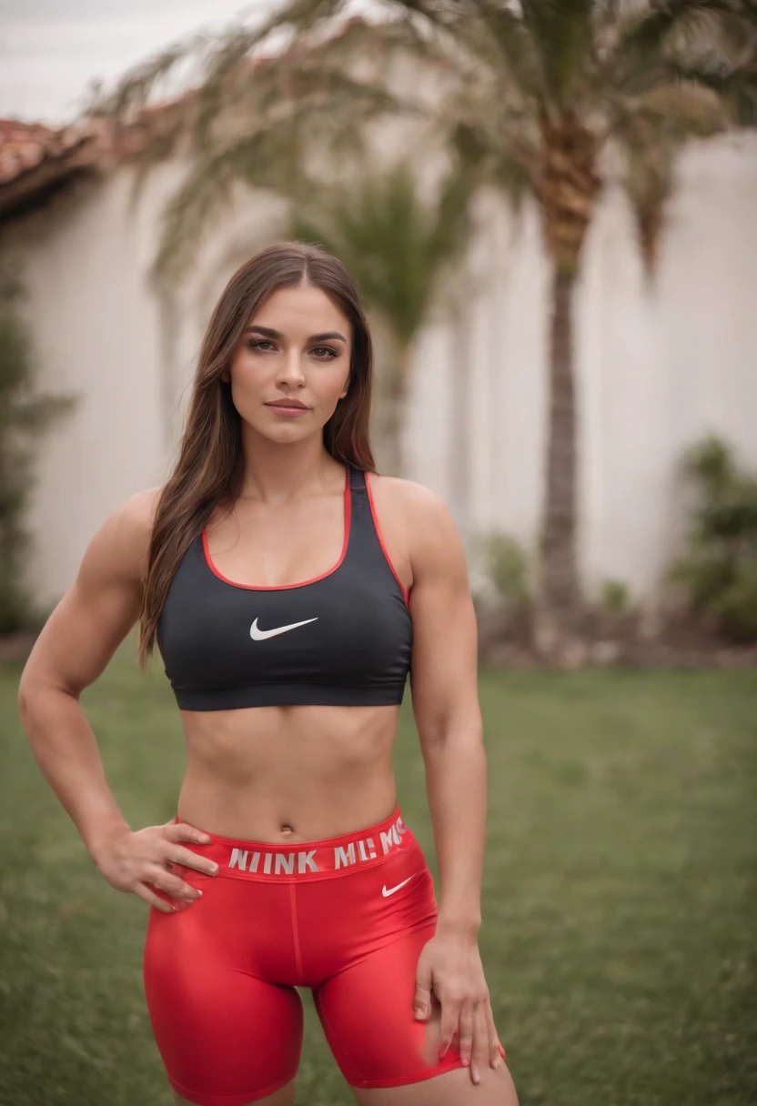 A beautiful woman with a big elastic butt, Posing for the camera with a look of effort in a Nike tank top and tight Nike sports shorts......,muy detallado, hermoso cuerpo y cara, se parece al original, Pelo rojo, at home