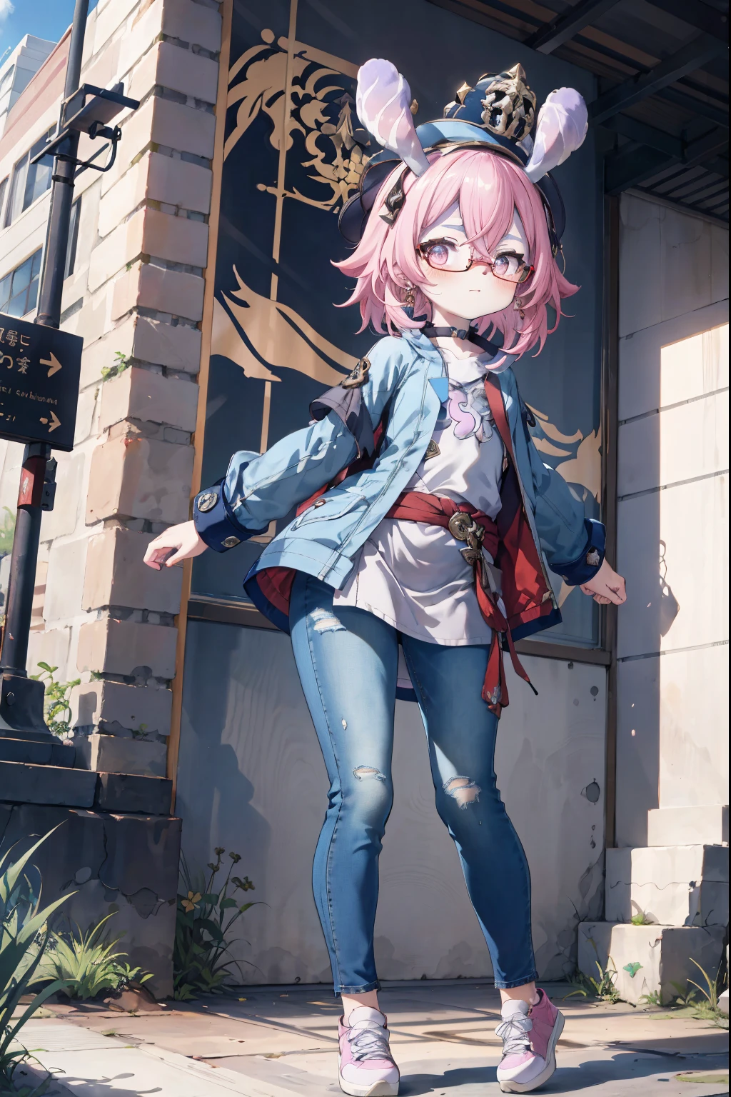 Melousine|genshin impact, masterpiece, bestquality,3 girl,young girl, Long Jeans,  Wear glasses, long-haired,  pink hair,unstable _Front,oily shiny skin,flat chest,nice leg line:1.3,thick thighs, thin-waist,, red_streaks_light_wrap_dress, white_platform_sneakers, woven_El_bag, straw_headgear, gold_hoop_earrings, jacket, long jeans city scenery,looking at the audience,From Top:1.2,dynamic angle