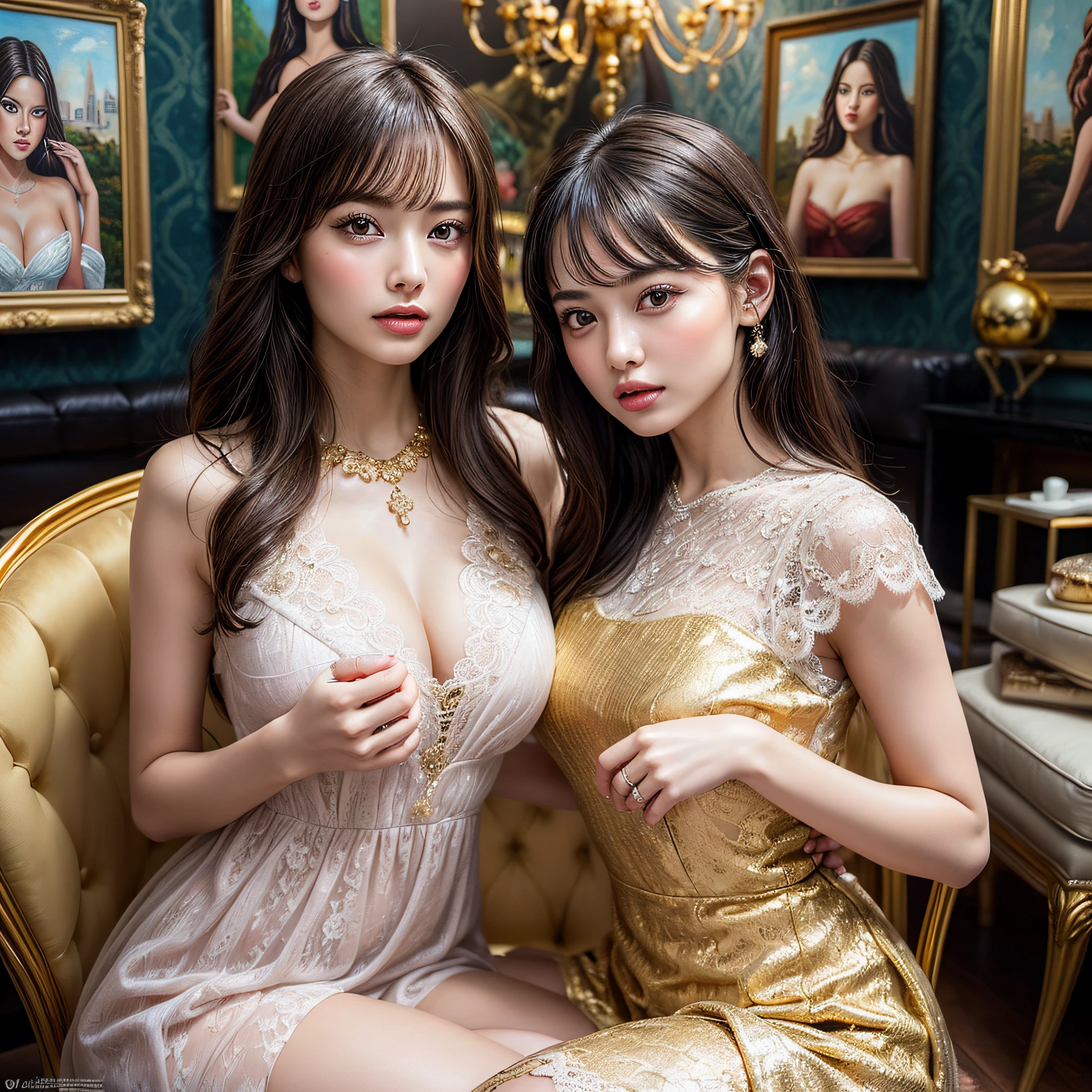 (2girls:1.3), princess, long hair, passionate, (extremely detailed beautiful face), (Beautiful girl in a princess dress:1.5), (lace dress:1.4), Amazing face and eyes, (The sexiest look), (Best Quality:1.4), (hyper quality), (Ultra-detailed), (extremely detailed CG unified 8k wallpaper), Highly detailed, RAW Photos, Professional Photography, sitting, (A luxurious living room with paintings of girls on the walls:1.6), (golden chairs, golden ornaments, dazzling brilliance:1.2), luxurious, gorgeous, secret, sexy shot, Magnificent, great, transcendental scale, Feeling of freedom, exposing, famous sexy movie scenes,