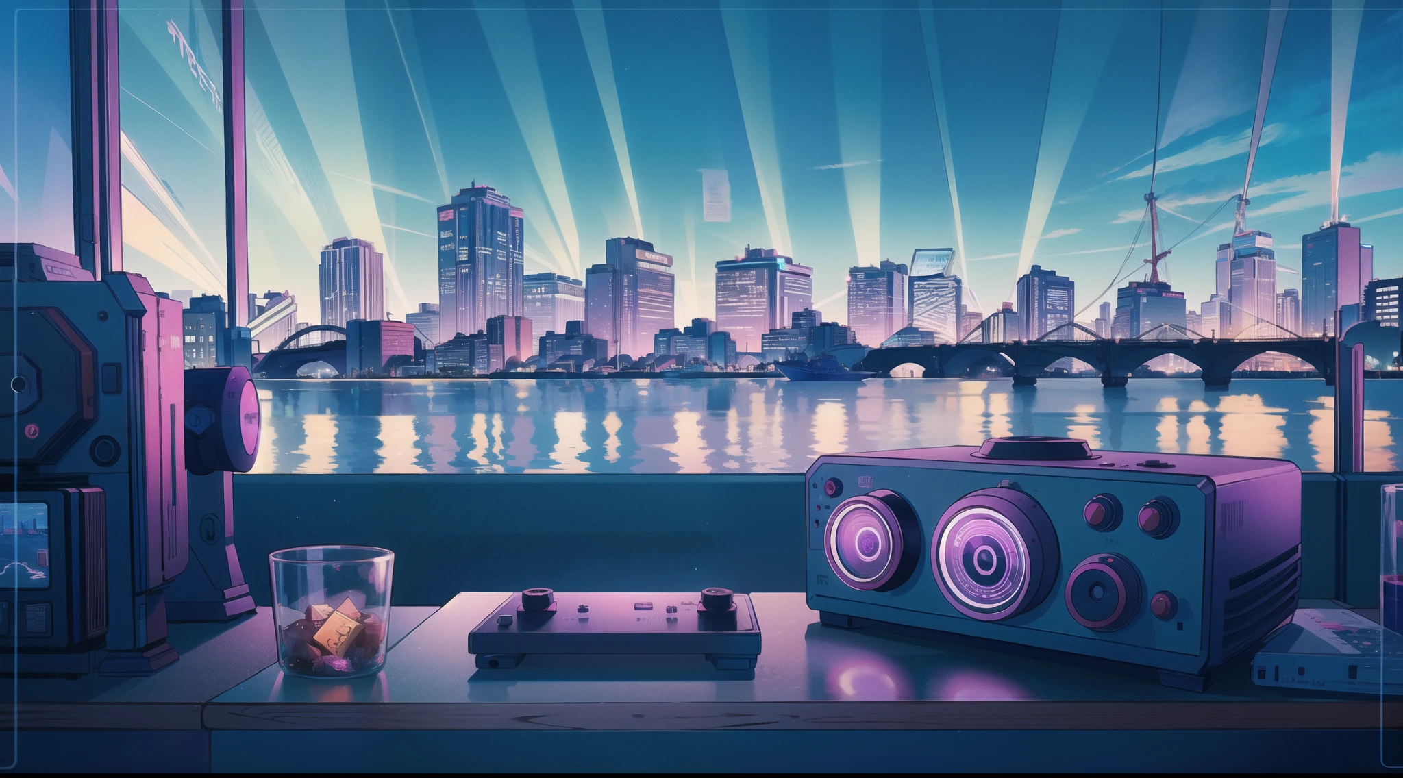 Masterpiece, best quality, high quality, ultra detailed, City, lo-fi, night, blue and purple, retro
