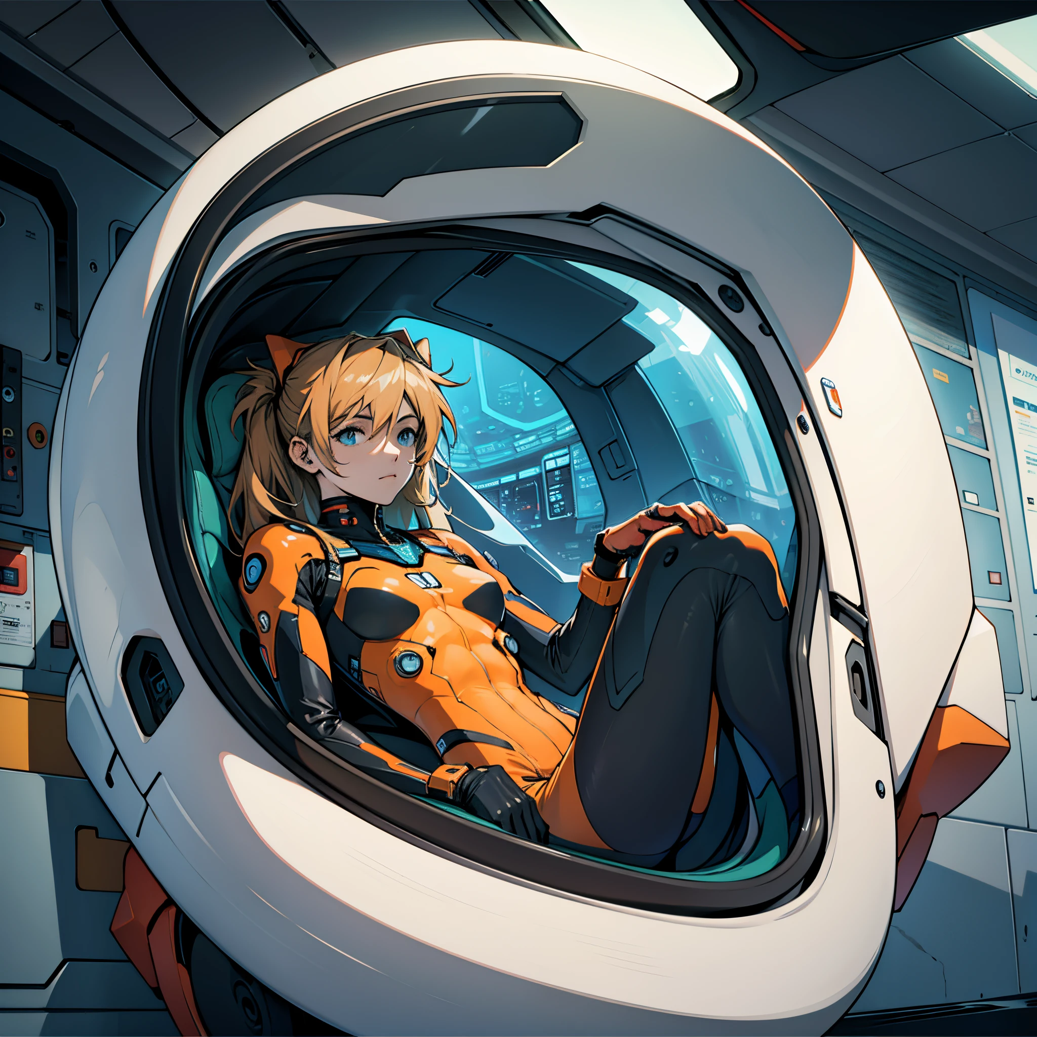 (Capsula humana) futurista con liquido dentro,humana en su interior,descansando dentro.