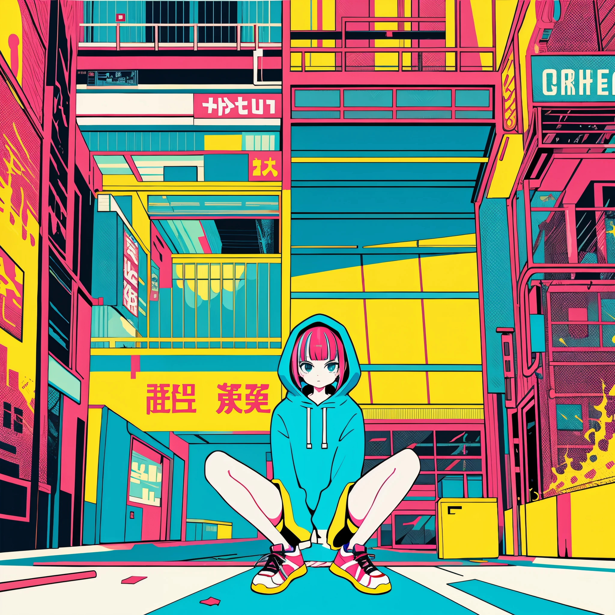 1girl, vector art, flat colors, pop art, pattern, city scenery, hoodie, shorts, sneakers, bobcut, full body, pose, squatting, lofi color, (hyper lofi), (masterpiece,best quality:1.5)