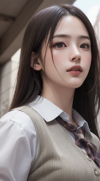Photorealistic, masutepiece, Best Quality, Raw photo, 1girl in, Solo, Long hair, Brown hair, Detailed face, alluring face, Collared shirt, medium breasts, Dynamic Pose, Looking at Viewer, From below, Detailed background, fine detailed, intricate detailes, Ray tracing, depth of fields, lowkey, nffsw