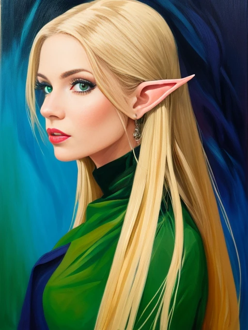 Elf woman portrait, bold and expressive brushwork, thick heavy acrylic paint, beautiful woman, sadly , long blond hair, eyes looking at left side, green dress, vibrant colors, painterly background, natural art.
