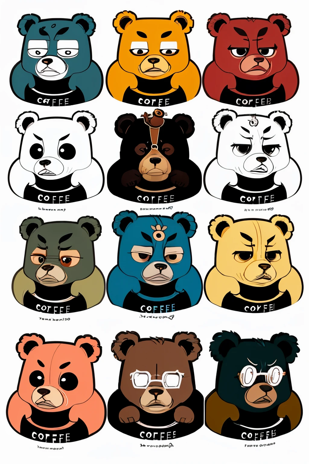 Various expressions and poses of Coffee Bear,Push glasses,pondering,Eyes glowing red,head on hands,Maximalism,Simple details,Bold lines,line art,sticker art,adolable,pixal style