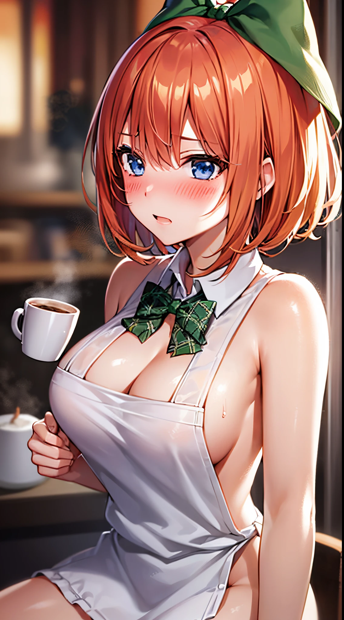 1girl, solo, nakano yotsuba, orange hair, hair bow, green bowtie, (naked:1.3), (white apron), large breasts, cleavage, thighs, cafe background, (blushing:1.3)