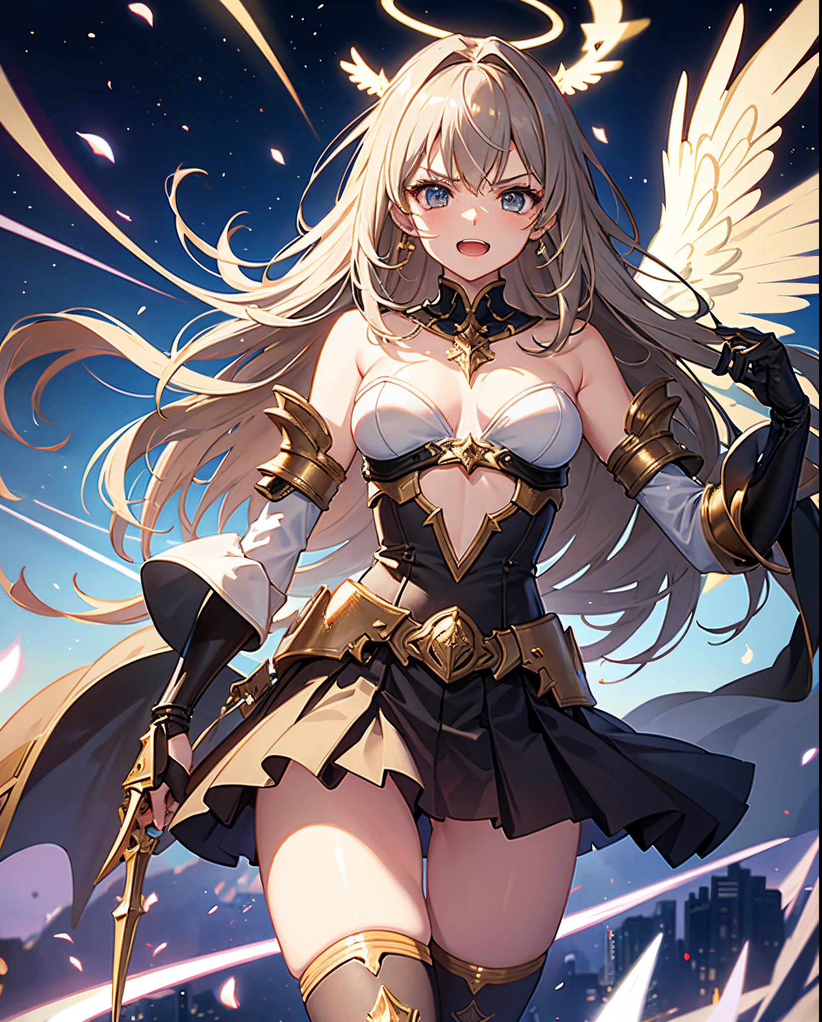 fantasy, 1angel_girl,child, ,brown_hair, medium_bob_hair, long_bangs, halo,bare_shoulder,thighhighs,silver_armor, waist_armor, large_breasts,angry,grinning,open_mouth_teeth, 1pair_wings, dynamic_pose_fighting,floating, bare_crotch, headgear,gauntlet, greaves,city_sky_background,slightly_spread_legs, solo, groin_naked,dark_skin,
