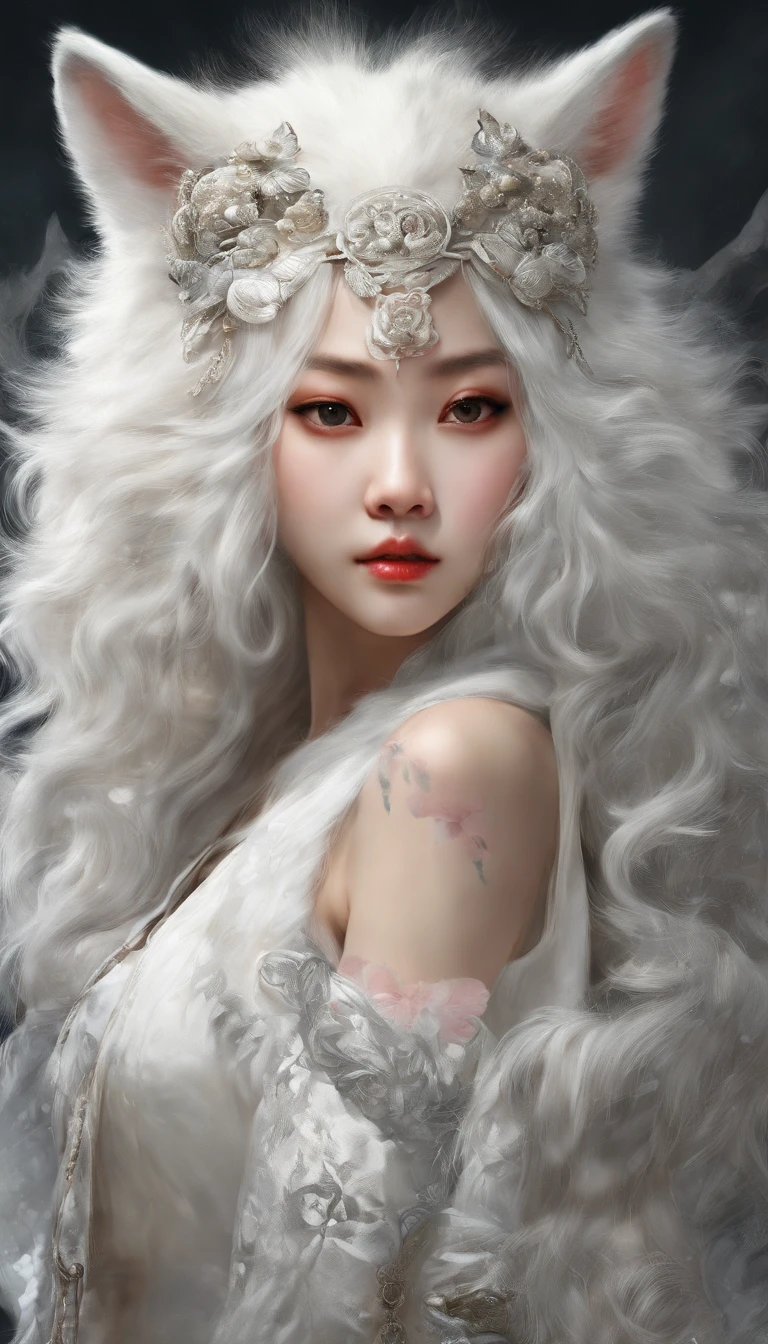 Chinese traditional culture, 1 girl, white fox, fox fairy, characteristic, exquisite and beautiful facial features, wearing a white lion head, dancing with her hands, festive