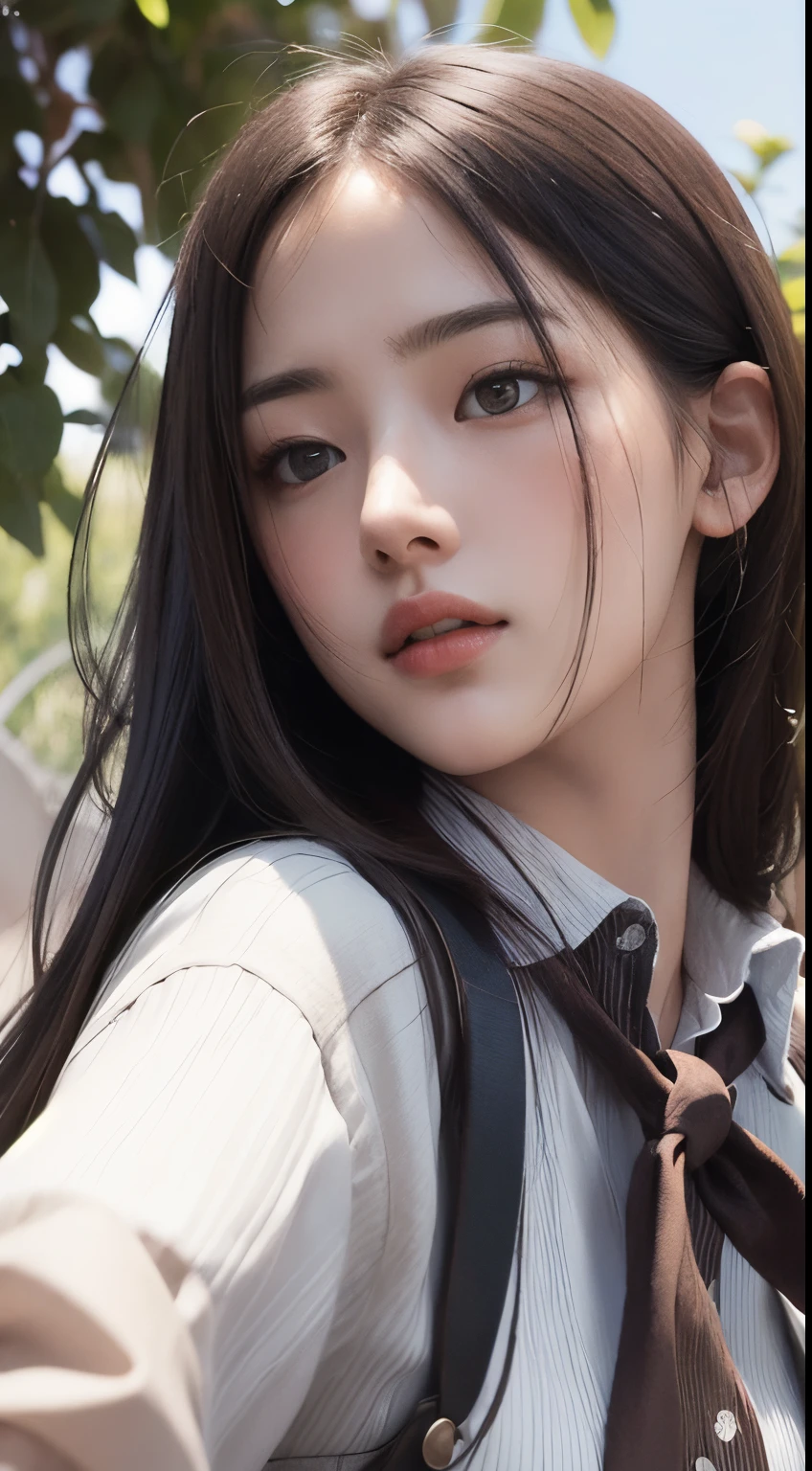Photorealistic, masutepiece, Best Quality, Raw photo, 1girl in, Solo, Long hair, Brown hair, Detailed face, alluring face, Collared shirt, medium breasts, Dynamic Pose, Looking at Viewer, From below, Detailed background, fine detailed, intricate detailes, Ray tracing, depth of fields, lowkey, nffsw