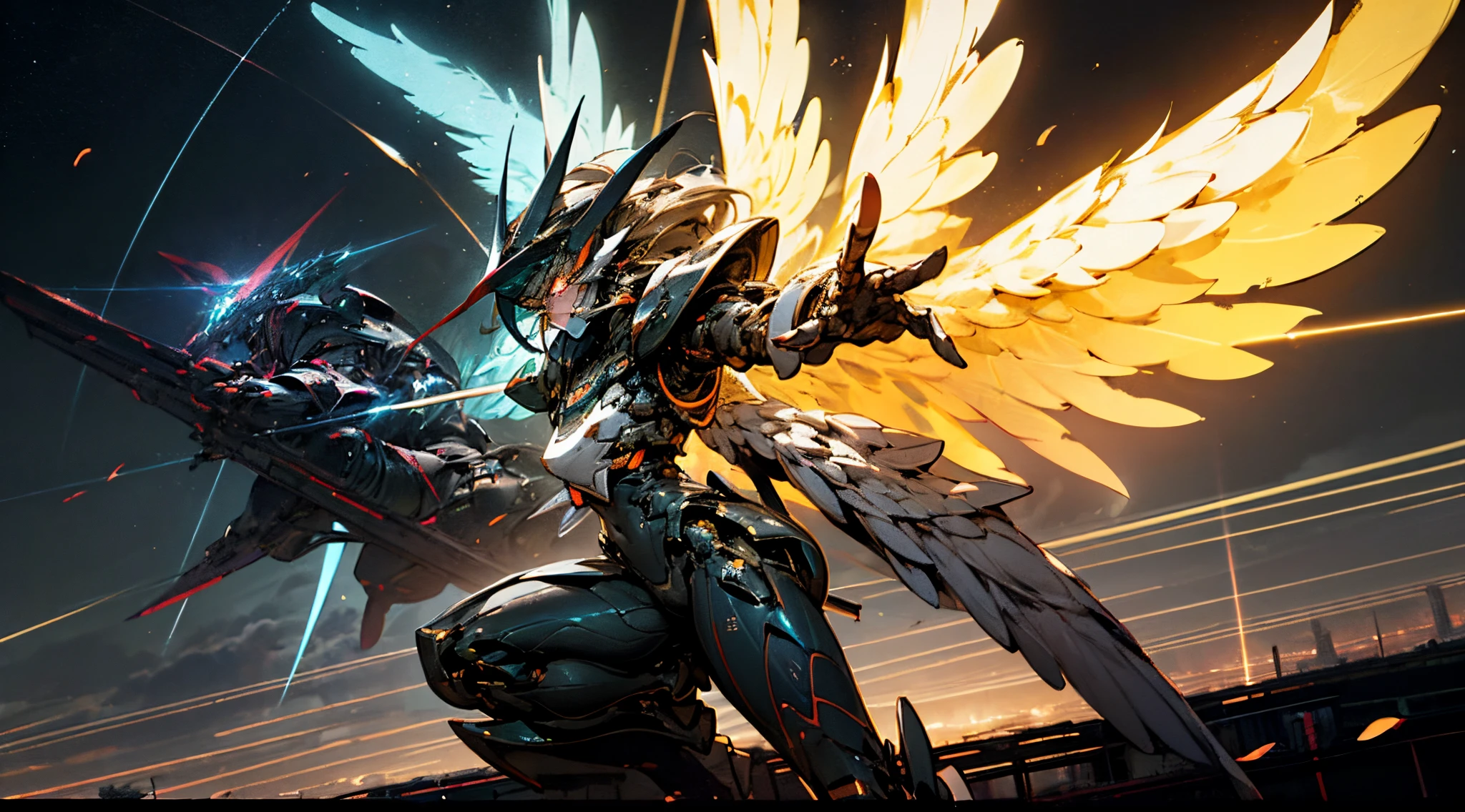 Powerful and powerful mechs, Robust, Two-color neon glowing eyes, The outstretched wings of the mech, dual swords, exudes its power, full bodyesbian, all in black, {Extremely detailed 16k CG unit wallpaper}, Expansive landscape photography, (Focus on the character's low perspective), (Broaden your horizons), (low angle shot), (high light: 1.5), (Low light: 1.4), (Warm light source: 1.8), The details are complex, (Iridescent colors: 1.6), (Bright lighting), (Atmospheric lighting), Dreamy, badass, Unique
