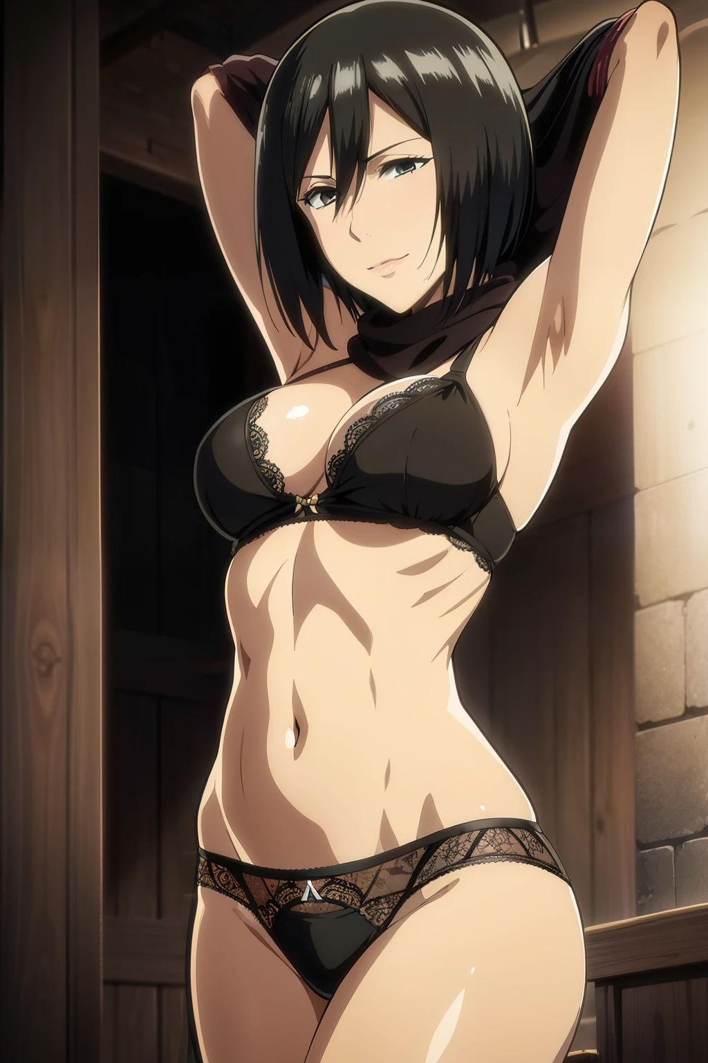 Dazzling, Armpits, intricate detailes, 1girl in, Mikasa Ackerman, (A dark-haired:1.3), hair between eye, short-haired, sideburns, s lips, shut, Yui, s lips, ​masterpiece, best qualtiy,  hason, Baezon, Black eyes,Black eyes, muscle, medium breasts, smil、Black underwear、Lace underwear、Erotic lace underwear