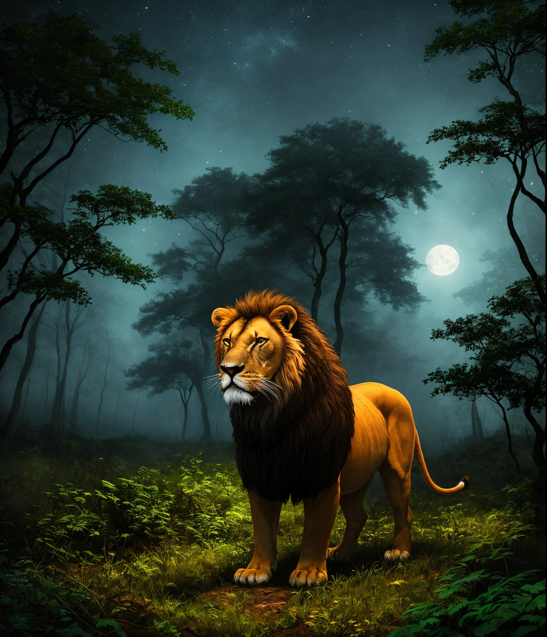 Mighty lion in an ominous forest amidst night forest fog