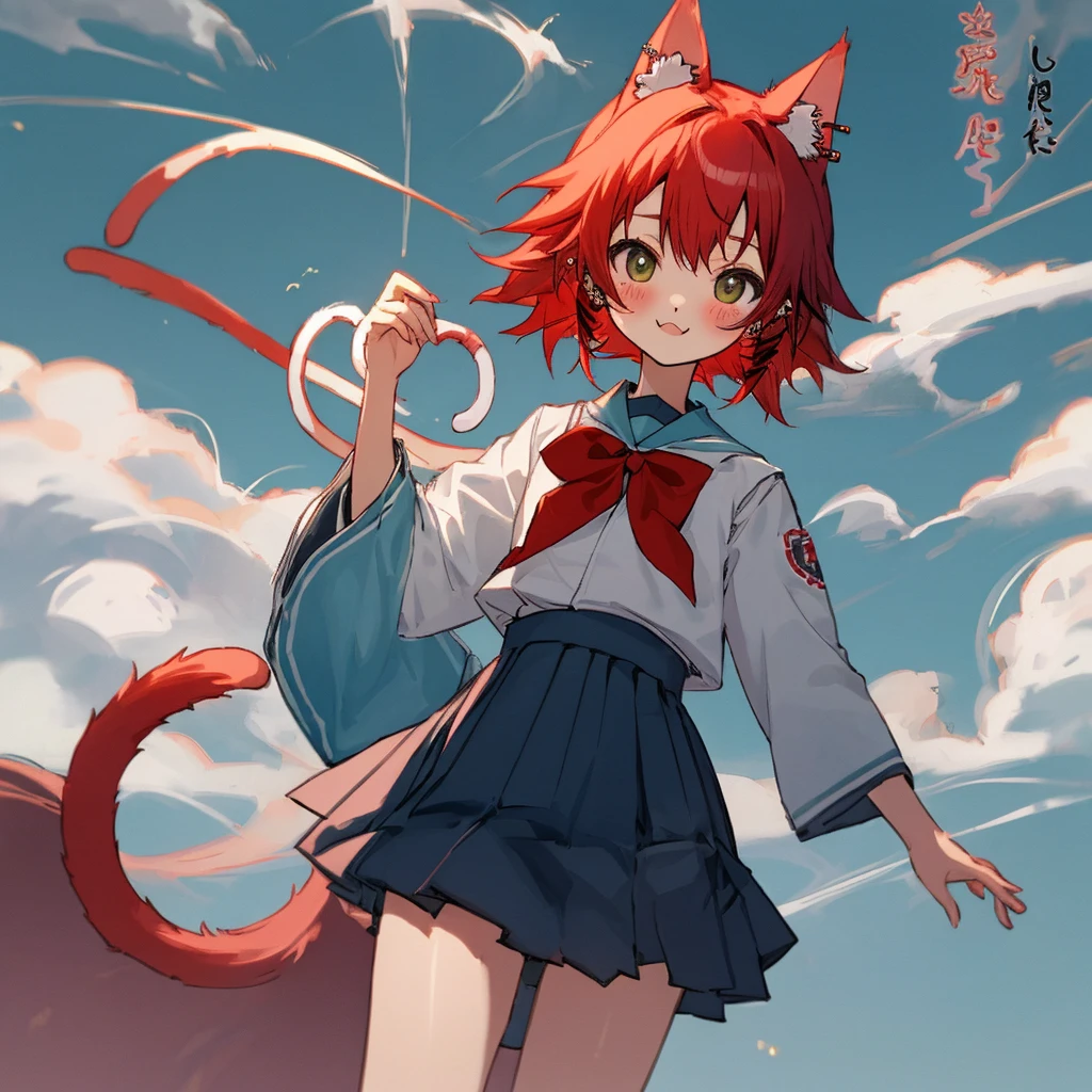 hi-school girl　Red-haired　piercings　cute little　校服　cat ear　Long　frontage