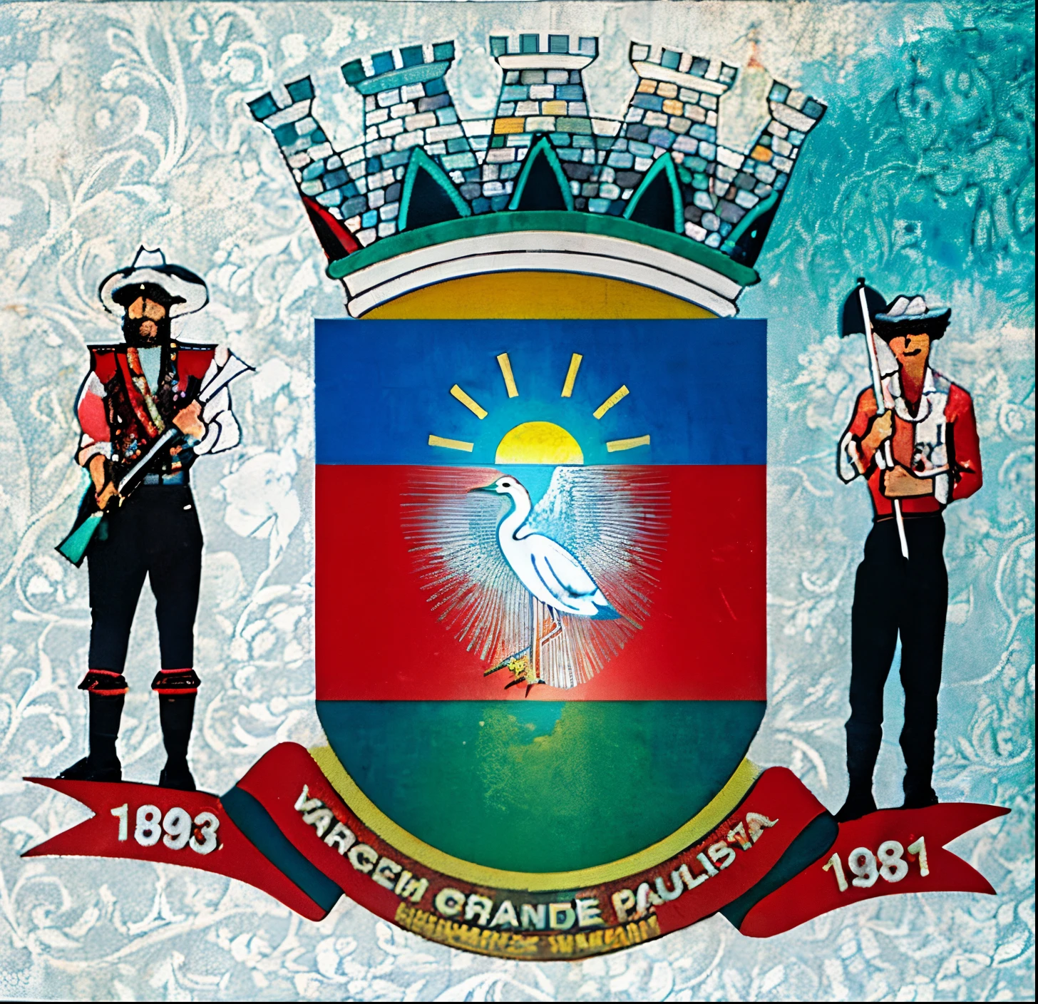 a white bird standing next to a man in a red jacket, cidade de Vargem Grande Paulista, coat of arms, emblema, salvador, bispo do rosario, Brasil, São Paulo, Directed by: Enrique Grau, Razaras, sem antecedentes, Arauto Ortega, Salustiano Garcia Cruz, Brasil, Brasileiro, Logo, Logo, imagem empilhada, farol da barra