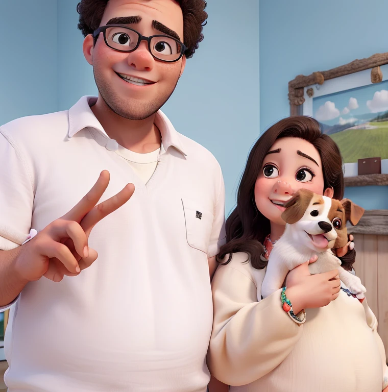 Create a cute couple which the boy is chubby and doing peace sign. While the girl is sexy and carrying a cute white dog.