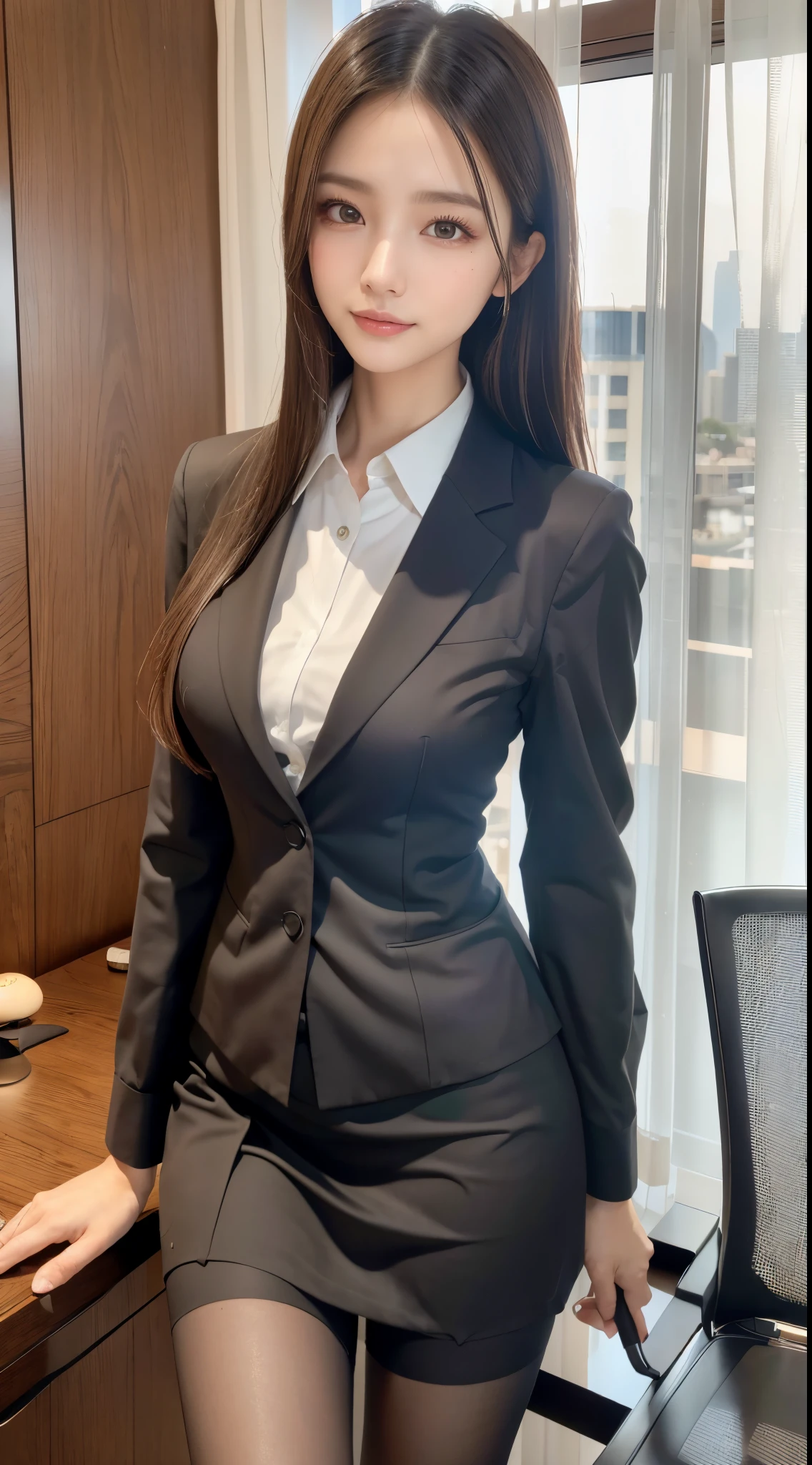 Classy upper-class elite secretary in business shirt, working in an office、Wearing a strict business suit, Wearing pantyhose、Wear high-end high heels、 Girl in a shirt, Wearing a business suit, Wearing a business suit, in a business suit, businesswoman, business clothes, wearing black business suit, Wear shirts and skirts, Woman in business suit, Business attire, business outfit, Raw photo, (8K、top-quality、​masterpiece:1.2)、(intricate detailes:1.4)、(Photorealsitic:1.4)、octane renderings、Complex 3D rendering ultra detail, Studio Soft Light, Rim Lights, vibrant detail, super detailing, realistic skin textures, Detail Face, Beautiful detail eyes, Very detailed CG Unity 16k wallpaper, make - up, (detailedbackground:1.2), Exposed thighs!!!,