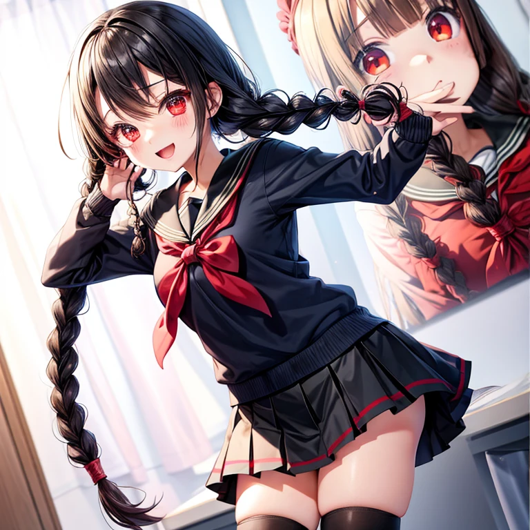Braids、red eyes、kawaii girl、animesque、student clothes、a miniskirt