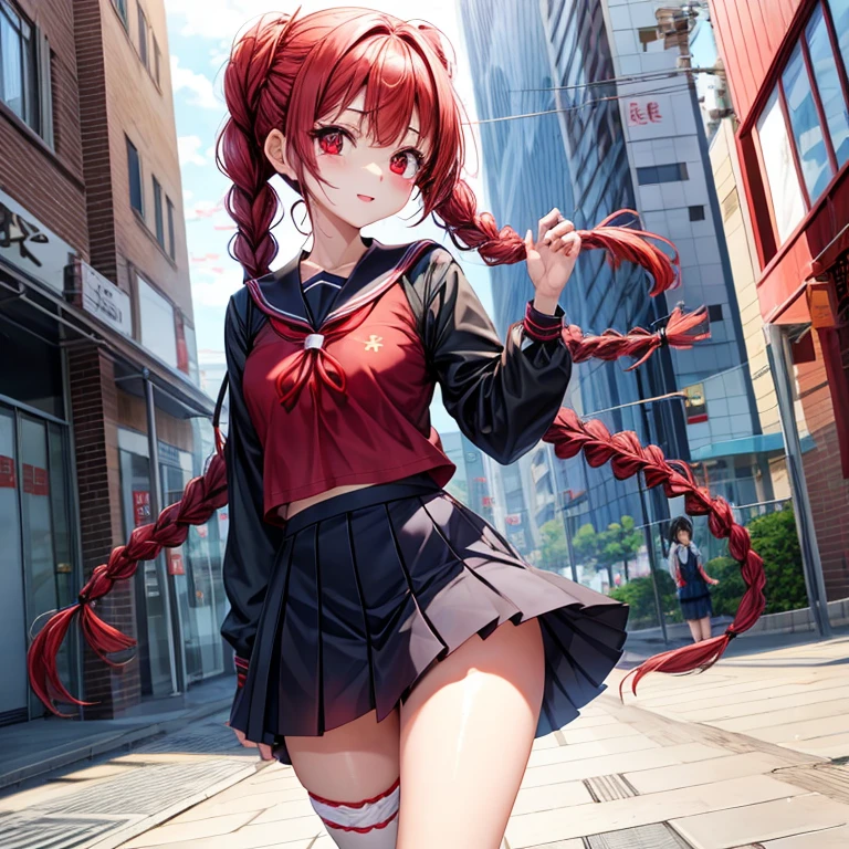 ((top quality, ultra-detailed, high resolution, extremely detailed CG, unity 8k wallpaper, by famous artist, perfect anatomy, super detailed skin, cinematic lighting, UHD, retina, anatomically correct, 1080P)), (Please draw a single one girl walking in the Japanese suburbs:1.3), ((1girl)), (Solo, face,13-year-old:2.0), a junior high school student, ((cute petit girl, chibi, babyface)) androgynous charm, Medium hair, ((full red hair)) ((redhead)), straight hair, ponytail, straight bangs, ((very thin legs)), ((skinny legs, thin body, small build)), Full limbs, complete fingers, ((perfect fingers and hands)), flat chest, small breasts, childish body, small butt, groin, Beautiful detailed full yellow gold eyes, perfect eyes, ((Cute anime outfit with a cropped jacket, high-waisted shorts, and thigh-high socks)), (Detailed Lighting), ((Japanese suburbs)), (Detailed scenary background), full body view, Cute, kawaii single girl (one girl), full body shot, ((little young body:1.3)), ((long skirt)), ((shoes)), ((red hair girl:1.3)), ((A natural, correctly proportioned hands)), ((straight bangs cut just to the eyebrows, perfectly aligned and not moving to the side:1.3))