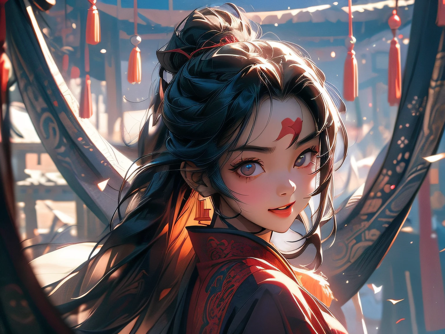 black hair, longeyelashes, solid circle eyes, light smile, fang, Libido boy, Chinese costumes, Surrealism, drop shadow, anaglyph, stereogram, tachi-e, pov, atmospheric perspective, 8k, super detail, ccurate, best quality