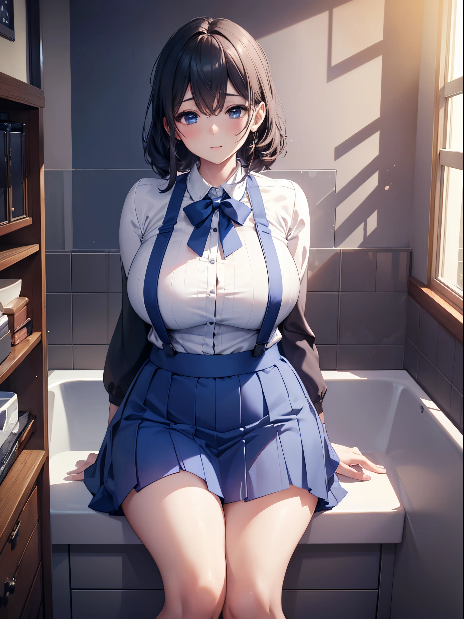 Woman wearing blue suspender skirt posing for photo, Full-figured，In the bathroom，[ 4K realism ]!!, [ 4K realism ]!!!, [ 4K digital art ]!!, Realistic shadow perfect body, realisticlying!!!!!!!art-style， photorealistic anime， by Shitao， Popular topics on cgstation， Casual pose， realistic anime 3D style