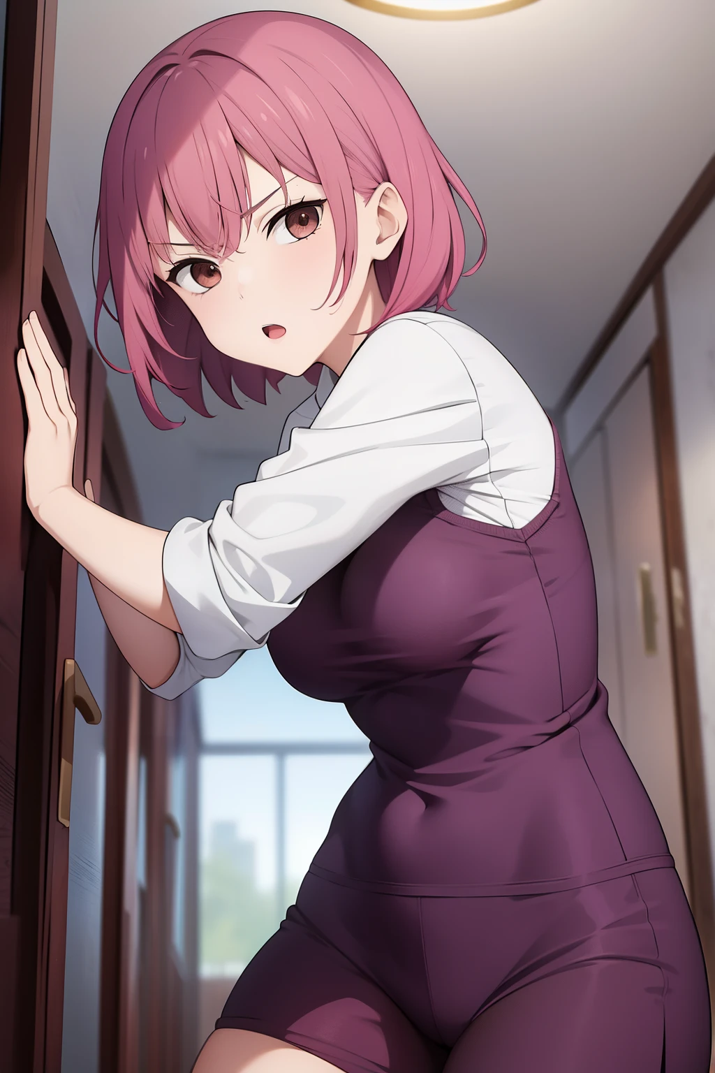 Cute girl , Short pink hair , Dark purple clothes , Combat stance , Brown eyes , Rough clothes