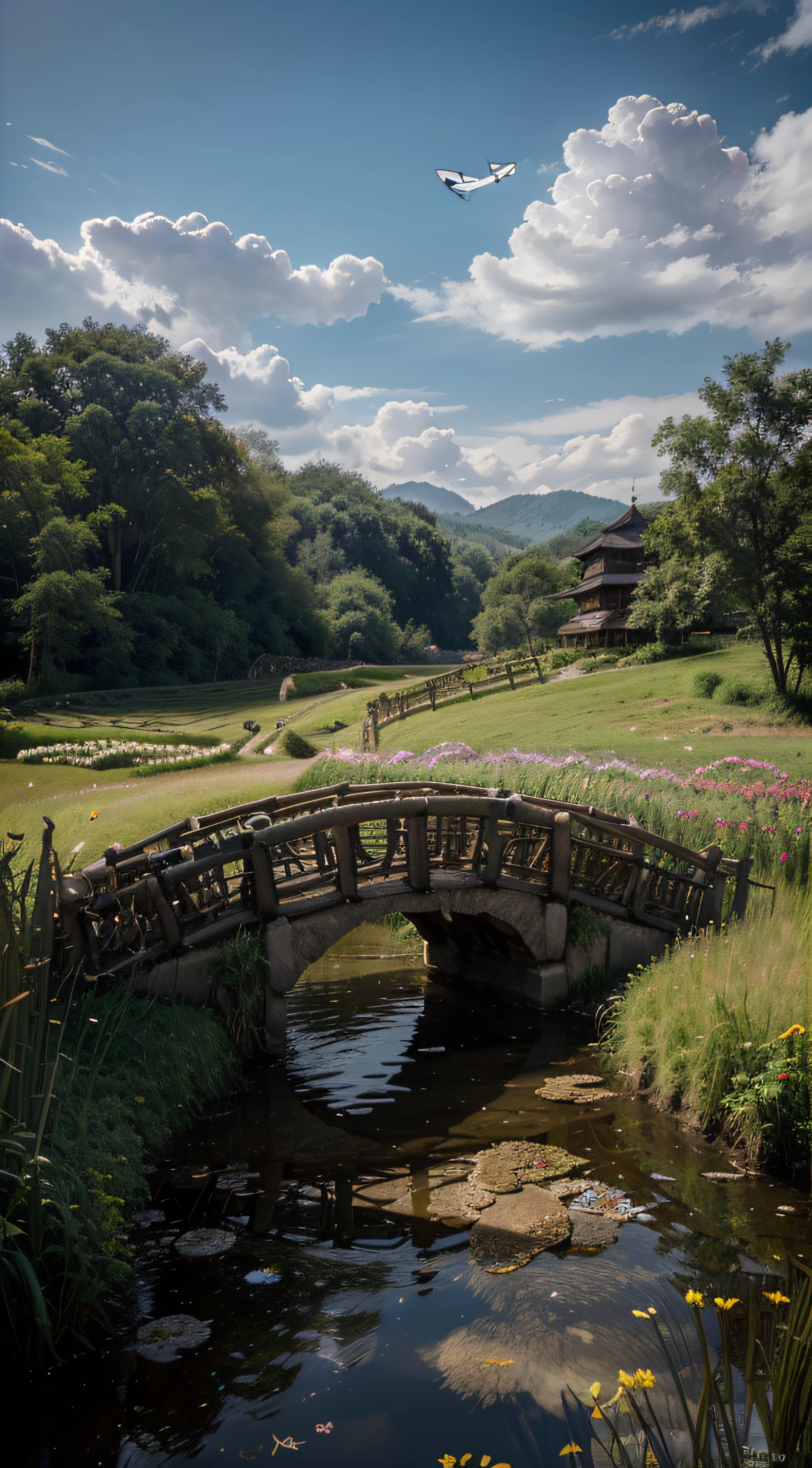 Best quality,4k Ultra Clear,crepuscular,Clouds,flower field,scarecrow,butterflies,rivulets,Bridge made of bamboo,Stones,Lots of chalets,extremely detailed,Ultra-detailed,painting of a,light and dark contrast,Perfect composition,