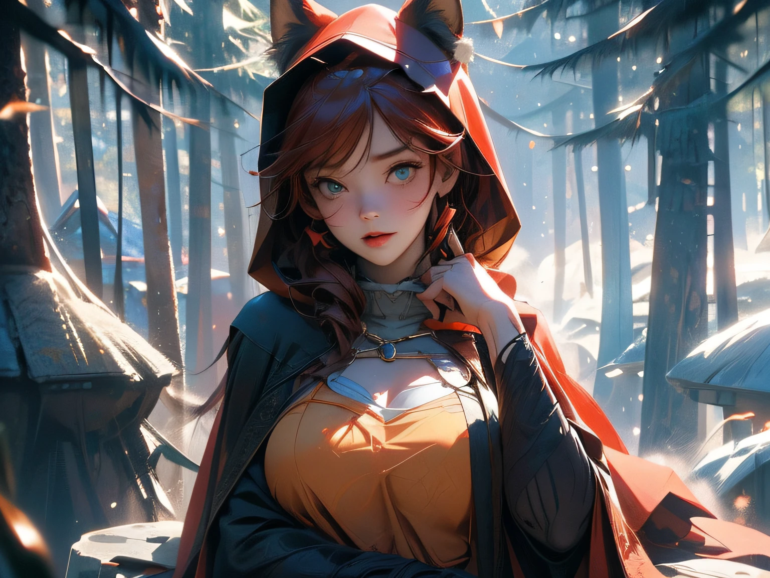 8K, Best quality at best, (realisticlying:1.4), RAW photogr, 1个Giant Breast Girl, redheadwear, Animal ear, Blue hooded cape, ears sticking out, lewd poses: Sitting on the rocks of the forest river, yellow-eyed, -