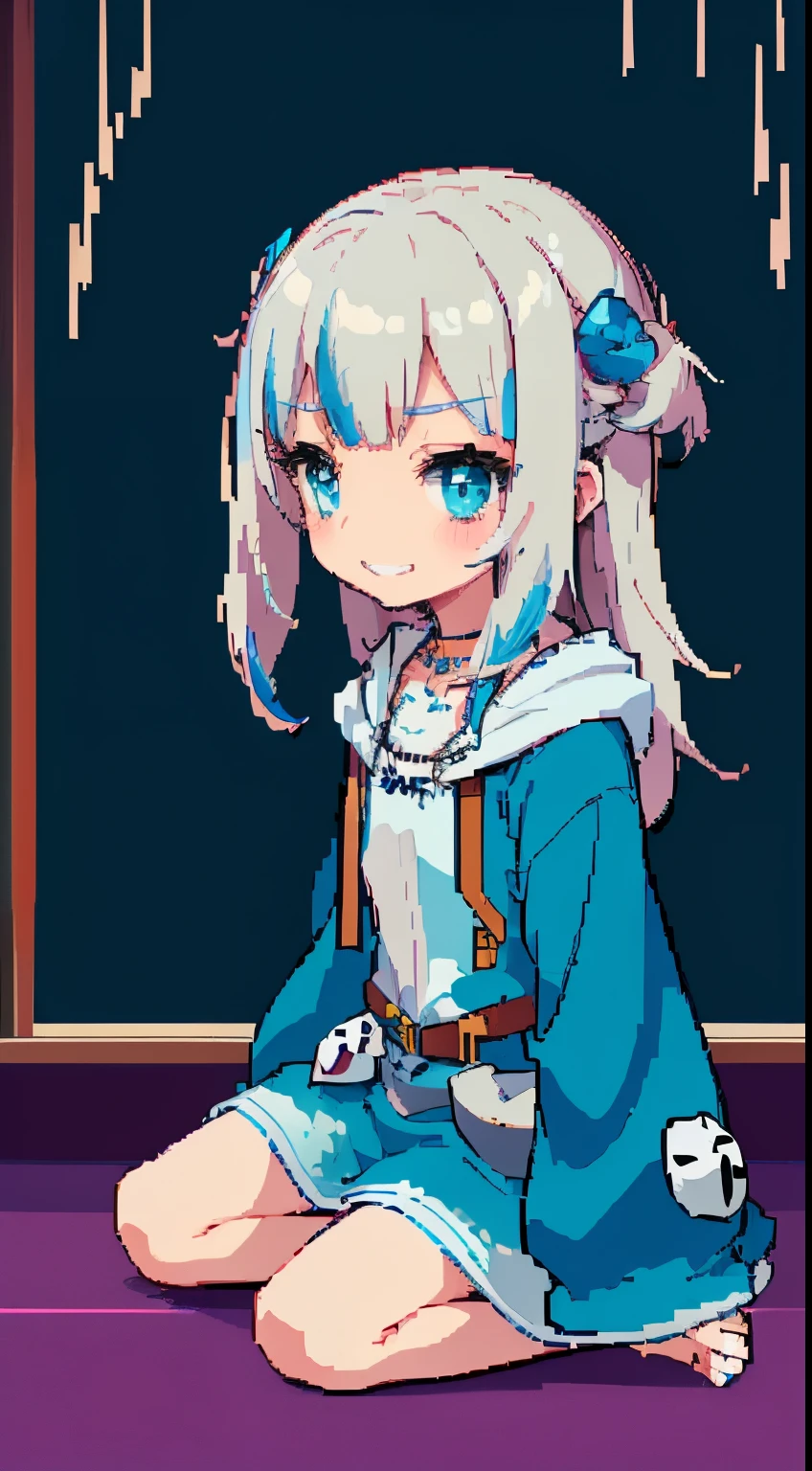 ((Gawr gura)), ((Masterpiece)), (Professional Photography:1.2), ((best quality)), from side, (flat chest), (grin, very blush), (child), 1girl, slim, slender, silky long hair, beautiful, facing viewer, ((blue hoodie)), shell necklace, (praying, sitting), ((in the brothel)), cityscape, (erotic atmosphere)