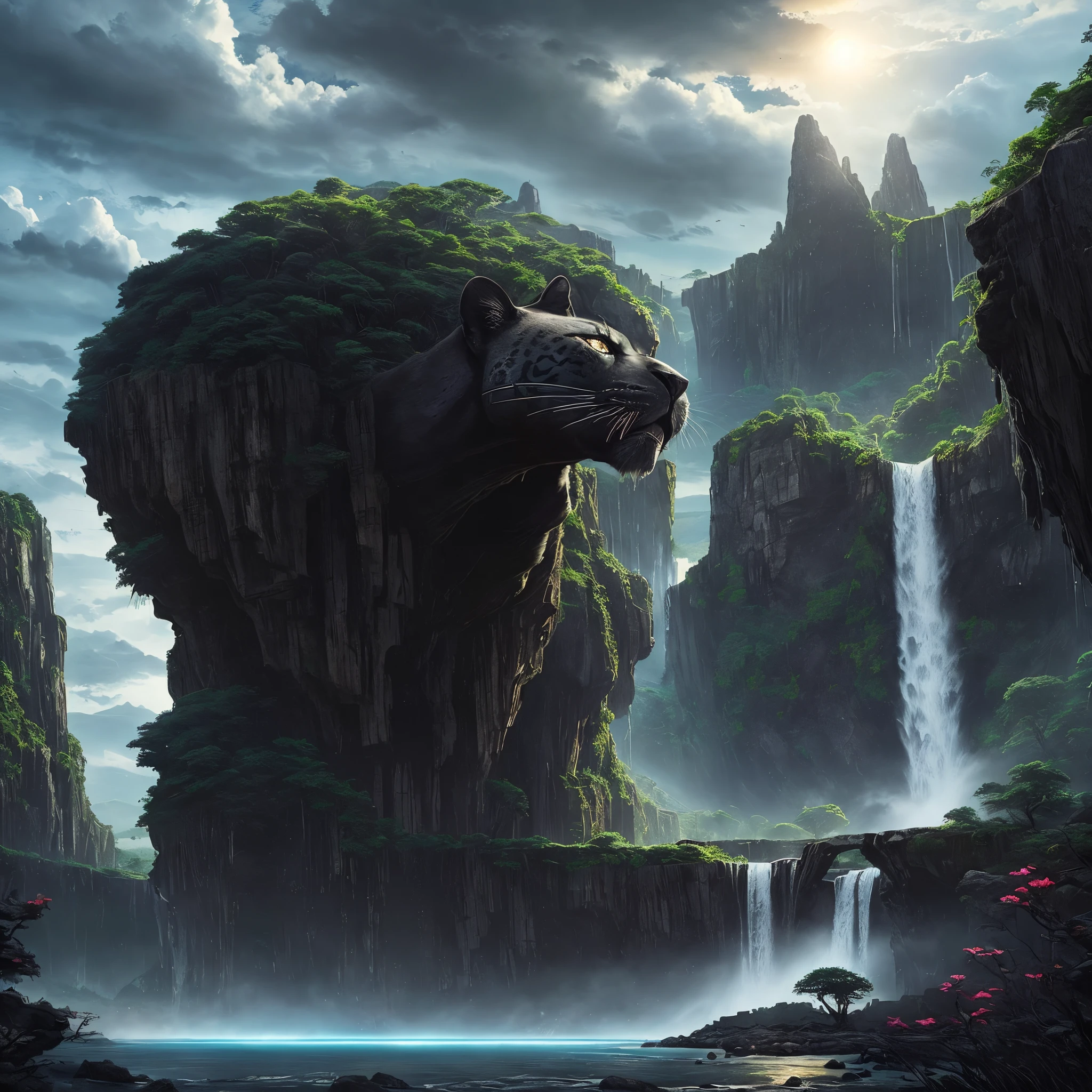 wakanda landscape,waterfallr,Fantasy Sky,Alien technology,cool black leopard