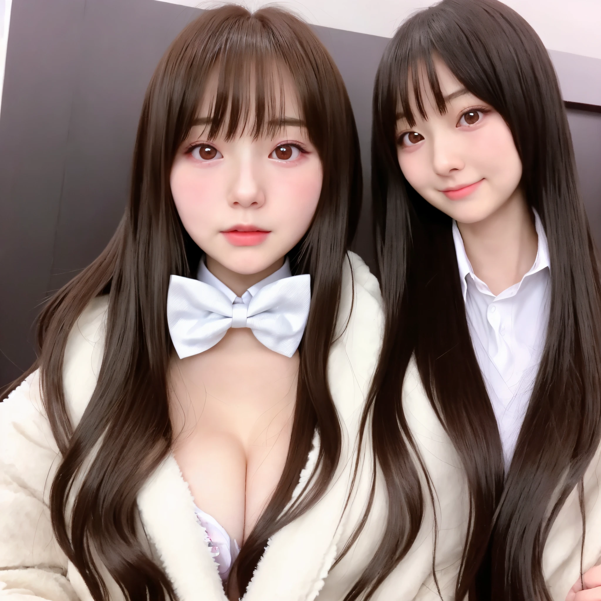 there is a woman with long hair wearing a white jacket and a bow tie, korean girl, realistic young anime girl, chinese girl, anime girl in real life, anime girl with long hair, white hime cut hairstyle, cute natural anime face, realistic anime 3 d style, beautiful anime girl, with cute - fine - face, beautiful anime portrait, beautiful south korean woman D cup breasts spilling out.