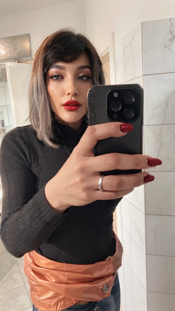Red lips, shiny silver eyeshadow