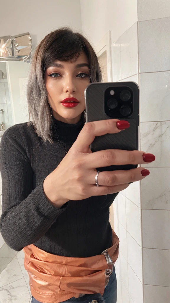 Red lips, shiny silver eyeshadow