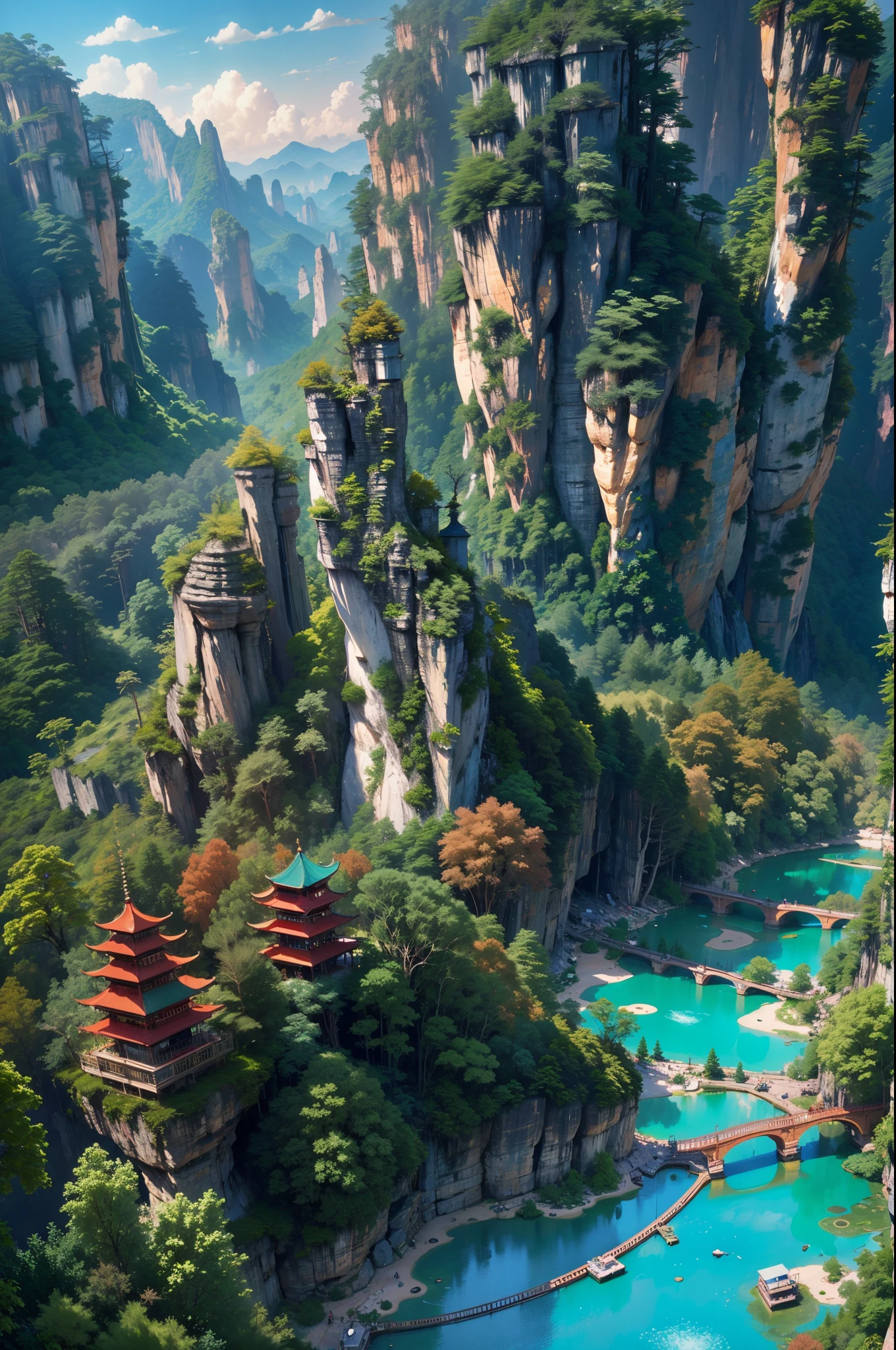 Zhangjiajie, Jiuzhaigou, Science fiction and weird, floating mountain island, Surrealism, drop shadow, anaglyph, stereogram, tachi-e, pov, atmospheric perspective, Surrealism, Fujicolor, projected inset, panorama, perspective, Ultra-Wide Angle, 8k, super detail, ccurate, best quality, UHD, masterpiece, high quality, best quality, highres, 1080P, 8k