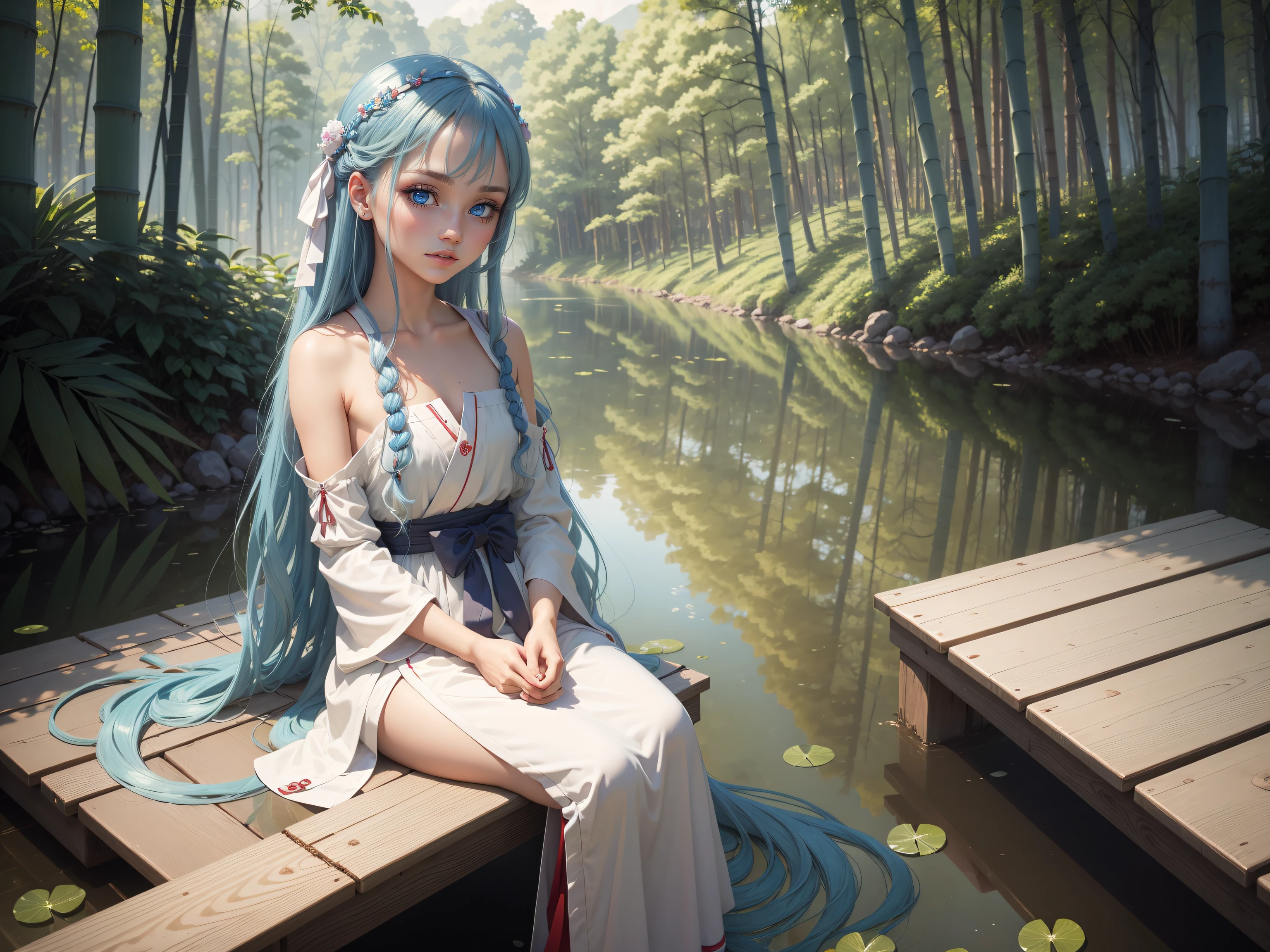 Masterpiece, Best Quality, Official Art, 8k Wallpaper, Very Detailed, Illustration, 1 Girl, Sky Blue Hair, Long Hair, Detailed Eyes, Forrest Gump, Bare Shoulders, Hanfu, Lake, Pure, Soft Smile, bamboo, tea
