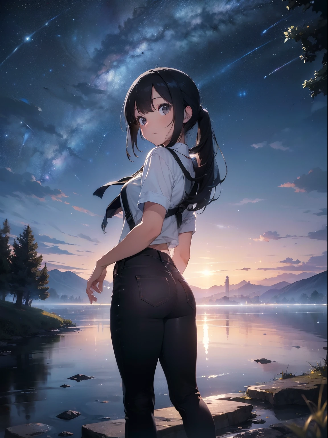 ((Best Quality, 8K, Masterpiece: 1.3)), landscape, morning shoot, star trail, slow speed, standing young woman with black hair, black jeans, look at the stars, amazing scenery, hundreds of stars forming a circle, light waves, futures city, magic in hands.
