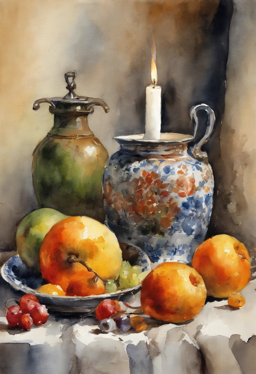 Illustration art by Nicolai Ivanovich Fechin, Still life, fruit and jars, olEuropean plate 'candle,ane rendering, 8k, UHD, O estilo de Losh,