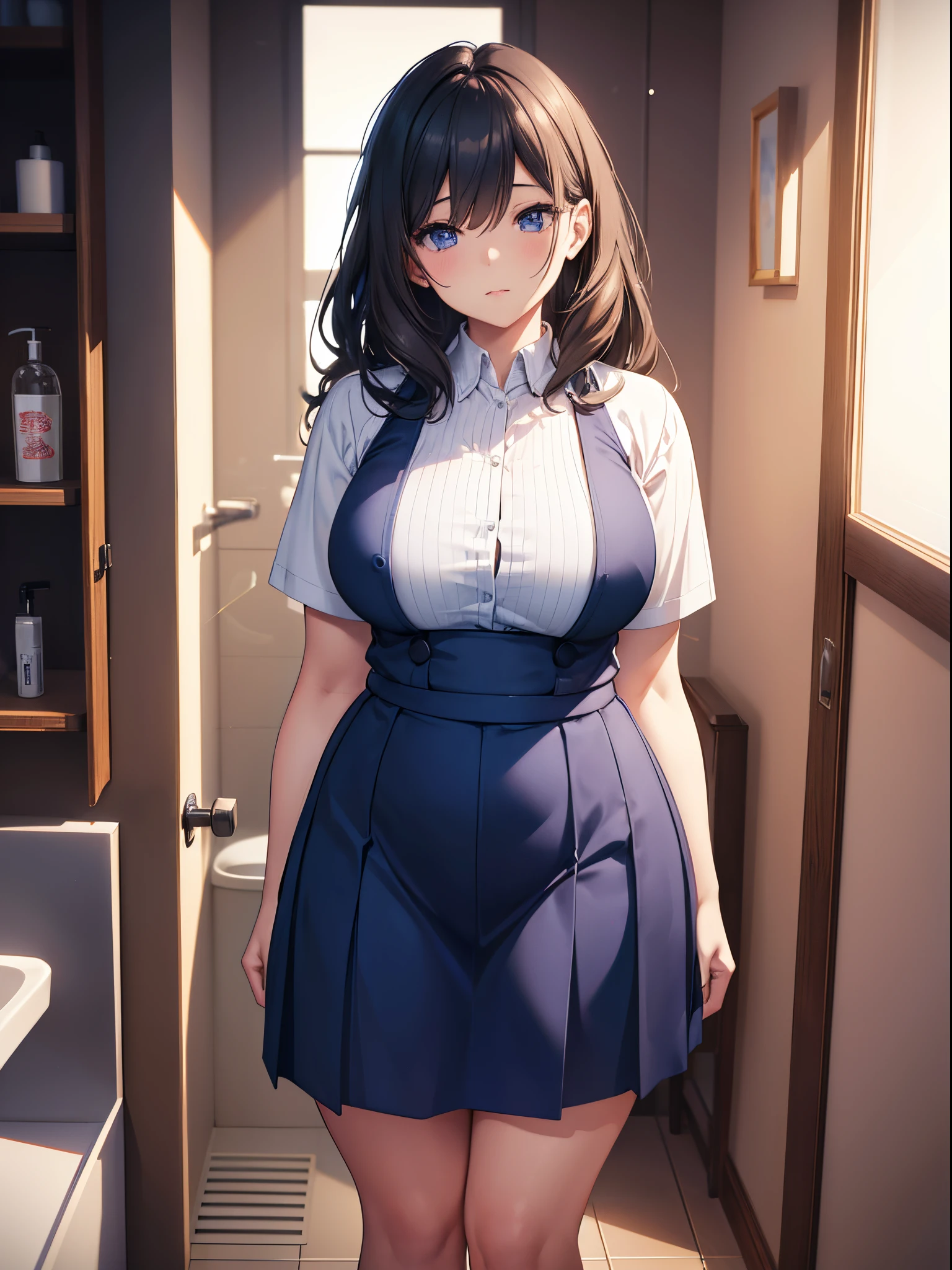 Woman wearing blue suspender skirt posing for photo, Full-figured，In the bathroom，[ 4K realism ]!!, [ 4K realism ]!!!, [ 4K digital art ]!!, Realistic shadow perfect body, realisticlying!!!!!!!art-style， photorealistic anime， by Shitao， Popular topics on cgstation， Casual pose， realistic anime 3D style