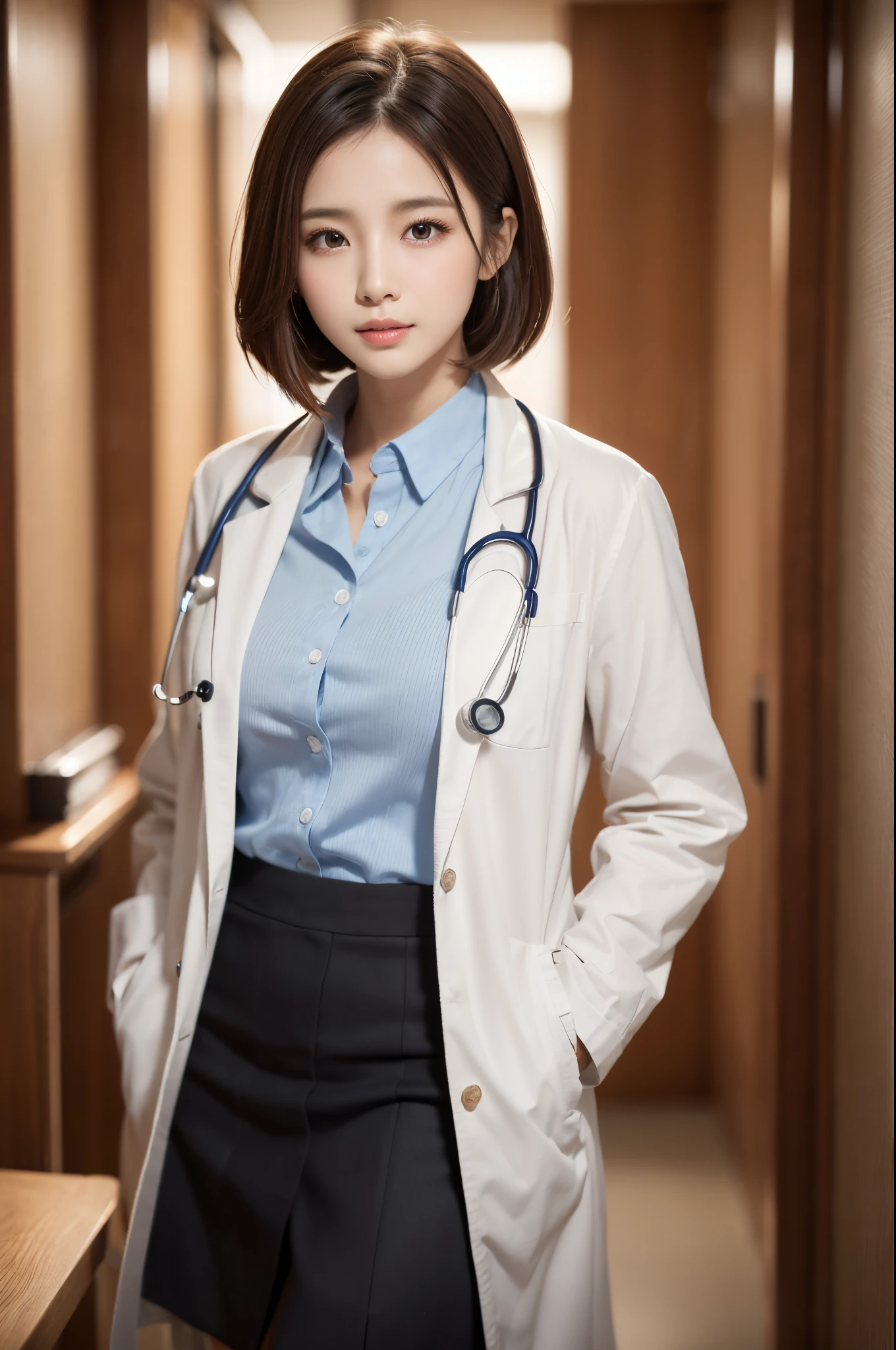 1womanl、(Super beautiful)、(beauitful face:1.5)、physician、(Dressing:1.3)、(White coat for doctors:1.5)、white shirt、(a miniskirt:1.3)、Sit in a chair in the exam room、(showing panties)、(white panties:1.1)、(with spreading legs:1.2)、(stethoscope)、(At SFW:1.1)